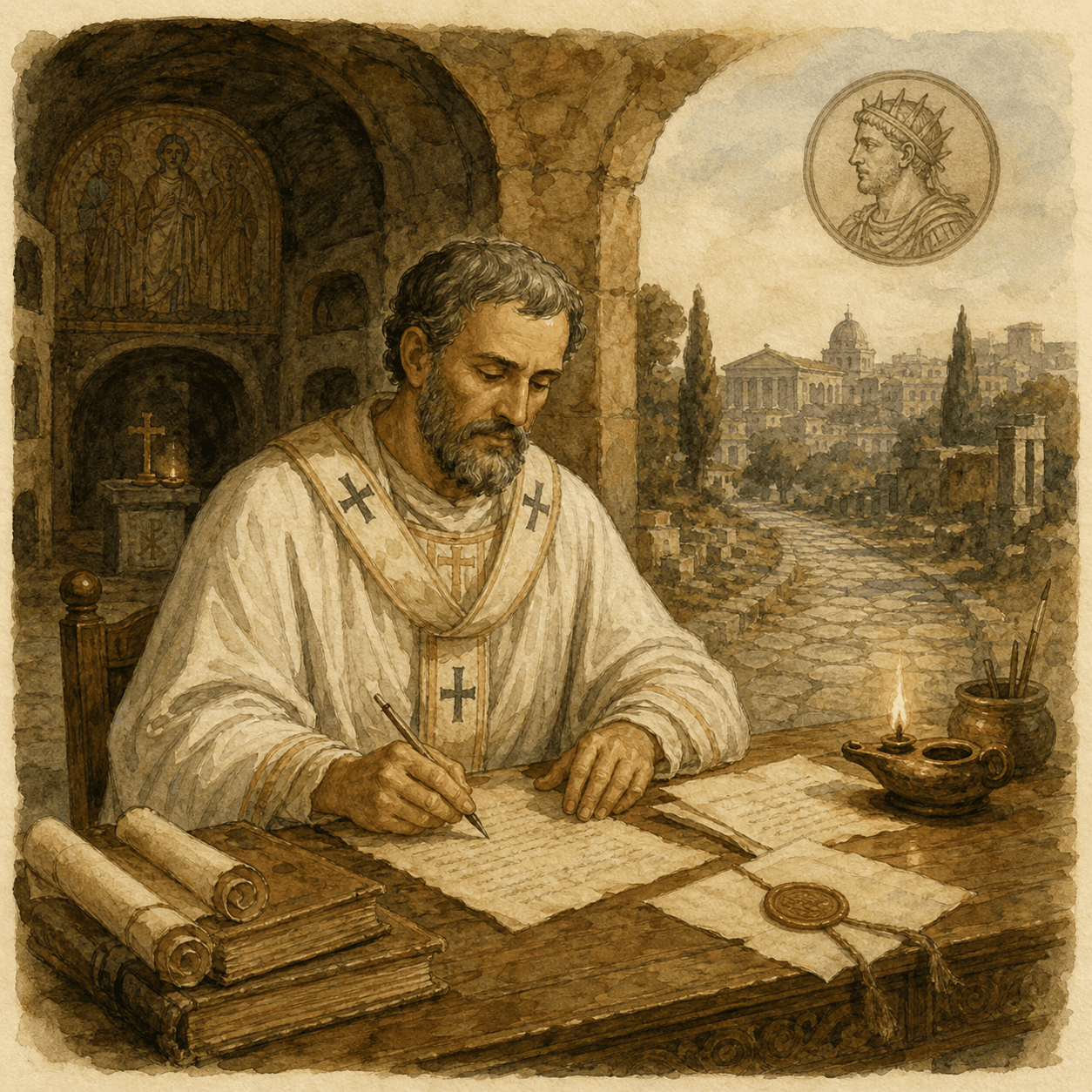 Illustration aquarelle de saint Félix Ier écrivant à Rome, avec la catacombe de Calliste et le sceau impérial d'Aurélien en arrière-plan