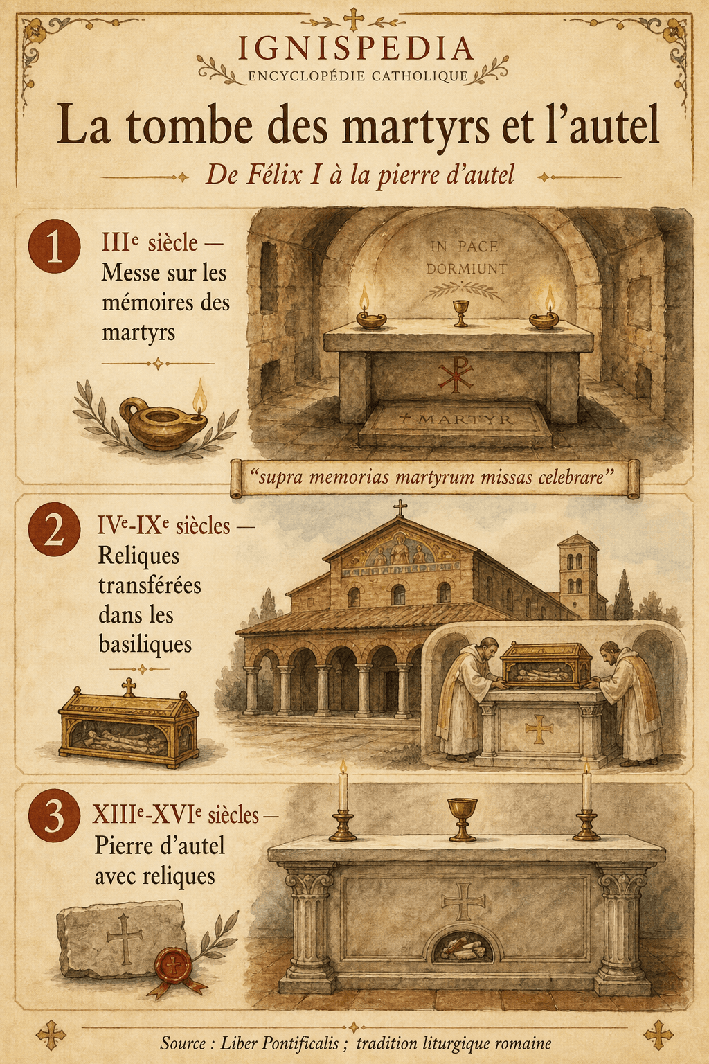 Infographie montrant la continuité entre la messe sur les tombes des martyrs, la translation des reliques et la pierre d'autel