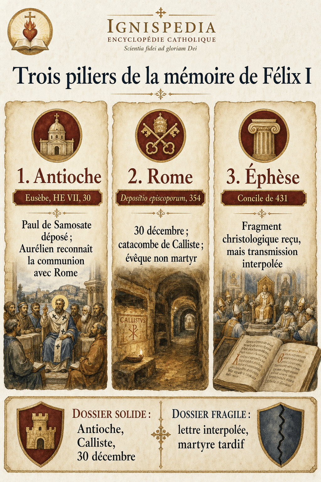 Infographie présentant les trois piliers de la mémoire de Félix Ier : Antioche, Rome et Éphèse