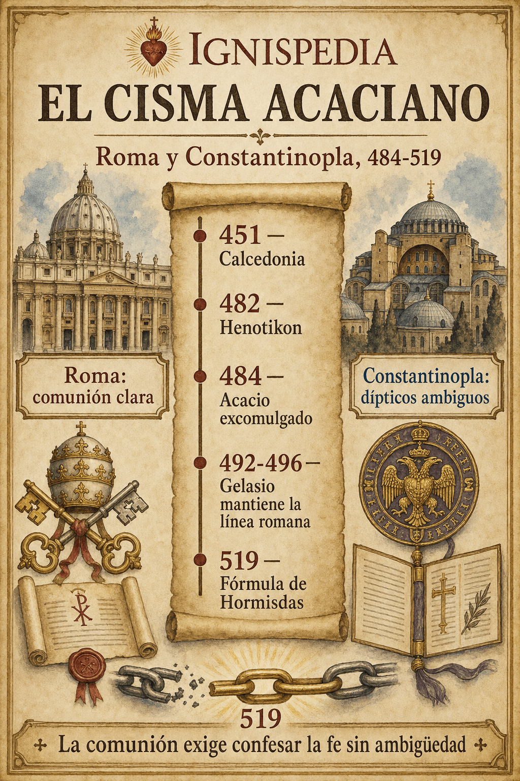Infografía del cisma acaciano entre Roma y Constantinopla de 484 a 519
