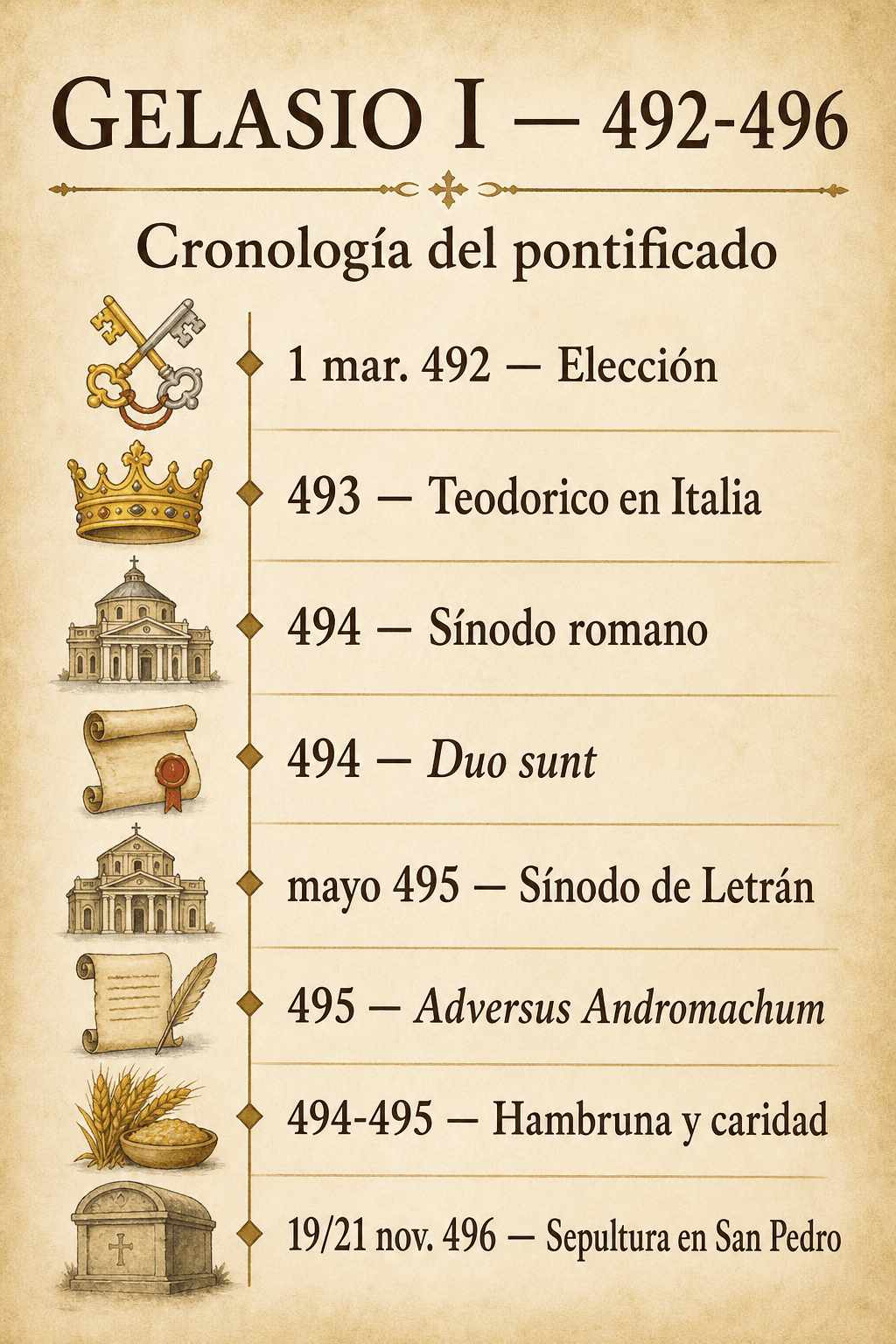 Friso cronológico del pontificado de san Gelasio I de 492 a 496