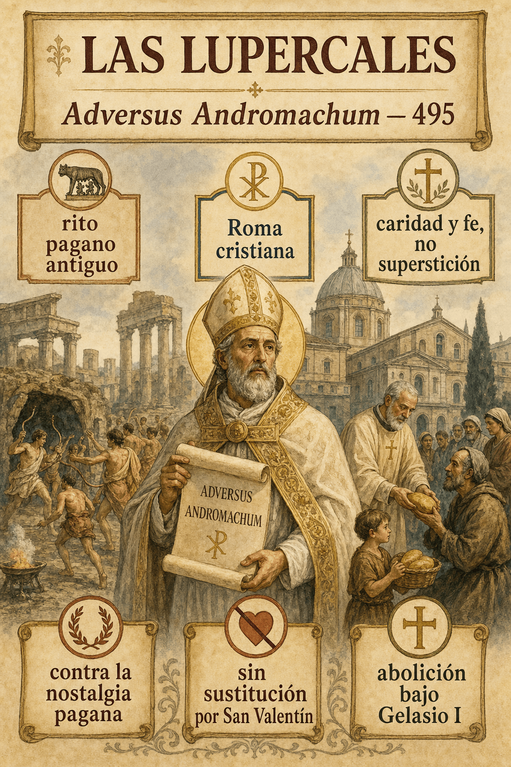 Infografía sobre la abolición de las Lupercales por Gelasio I sin sustitución por la fiesta de San Valentín