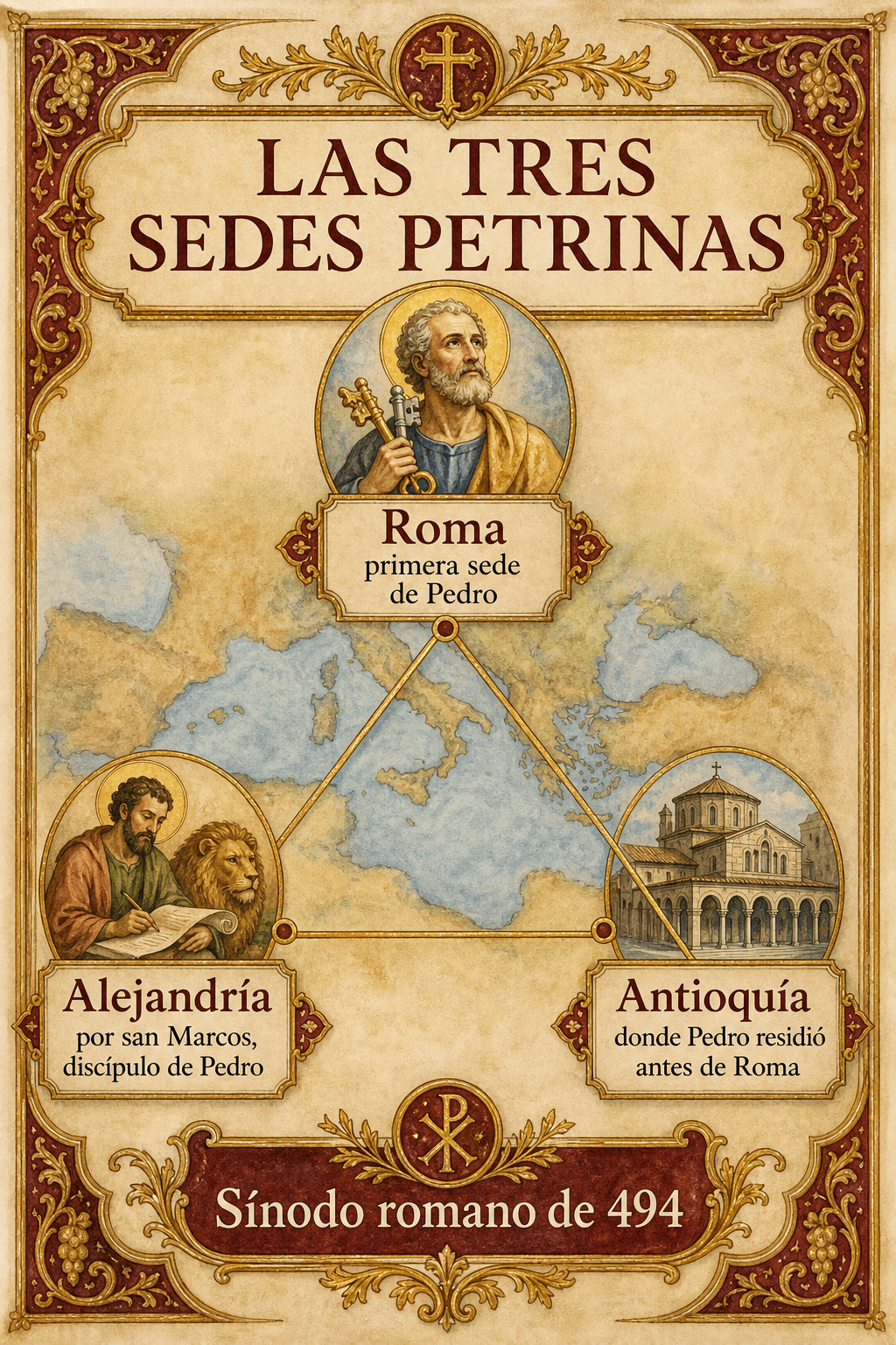 Infografía de las tres sedes petrinas Roma Alejandría y Antioquía según el sínodo romano de 494