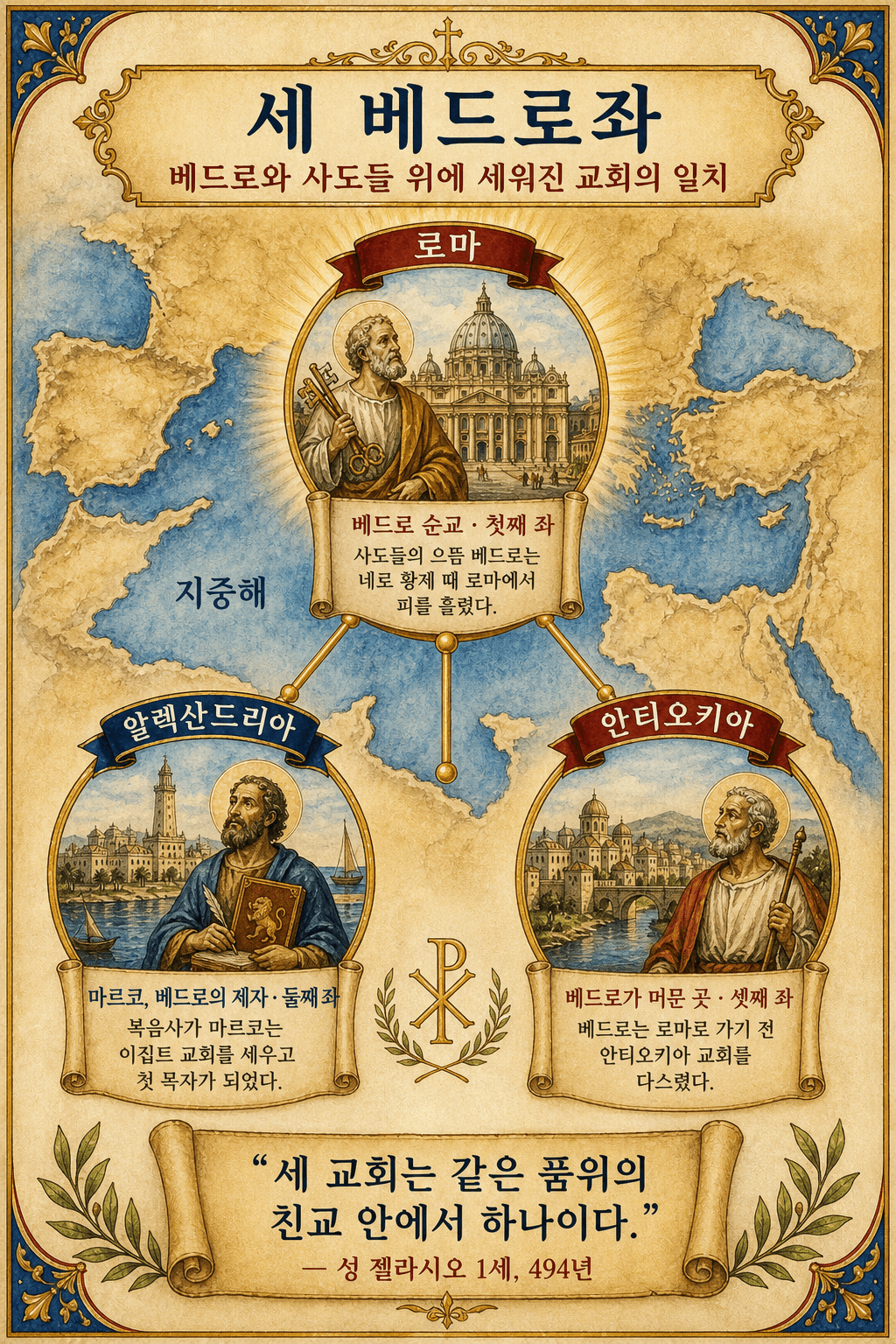 494년 로마 시노드에 따른 세 개의 베드로 좌석 로마, 알렉산드리아, 안티오키아 인포그래픽