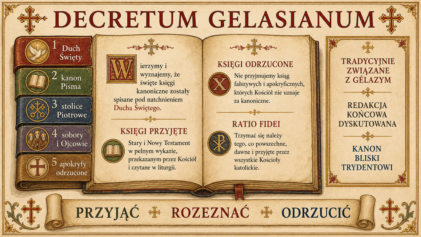 Infografika Decretum Gelasianum o kanonie biblijnym, stolicach piotrowych i odrzuconych apokryfach