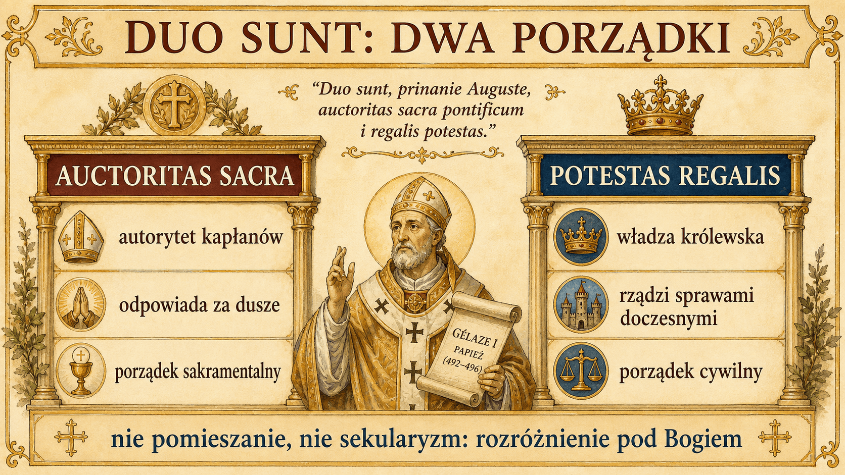 Infografika Duo sunt przeciwstawiająca auctoritas sacrata pontificum i regalis potestas