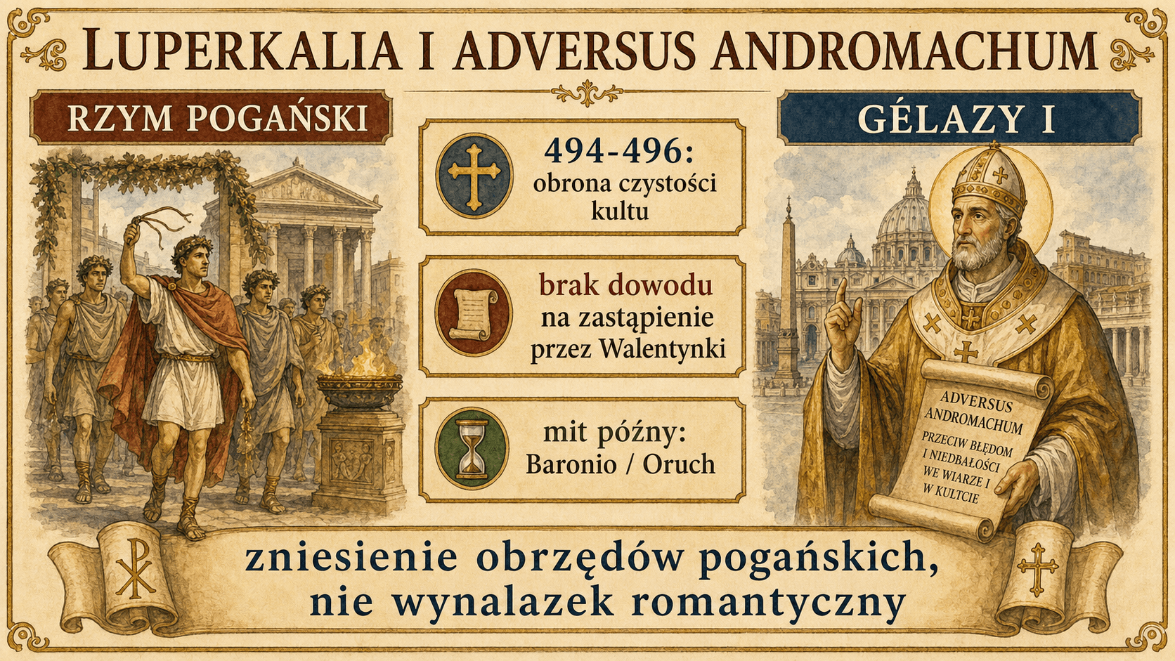 Infografika o zniesieniu Luperkaliów przez Gelazego I bez zastąpienia ich Walentynkami
