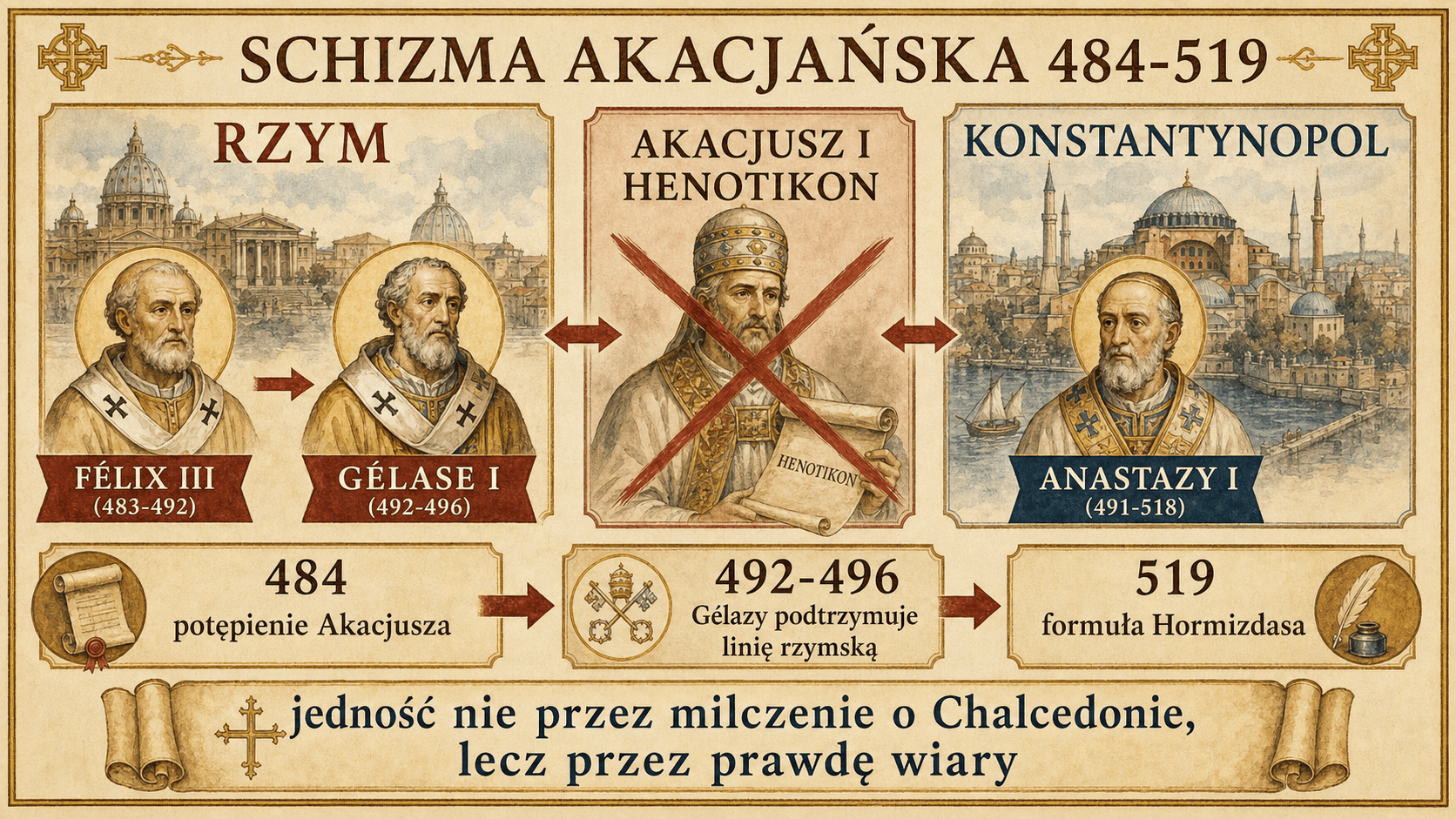 Infografika schizmy akacjańskiej między Rzymem a Konstantynopolem w latach 484–519
