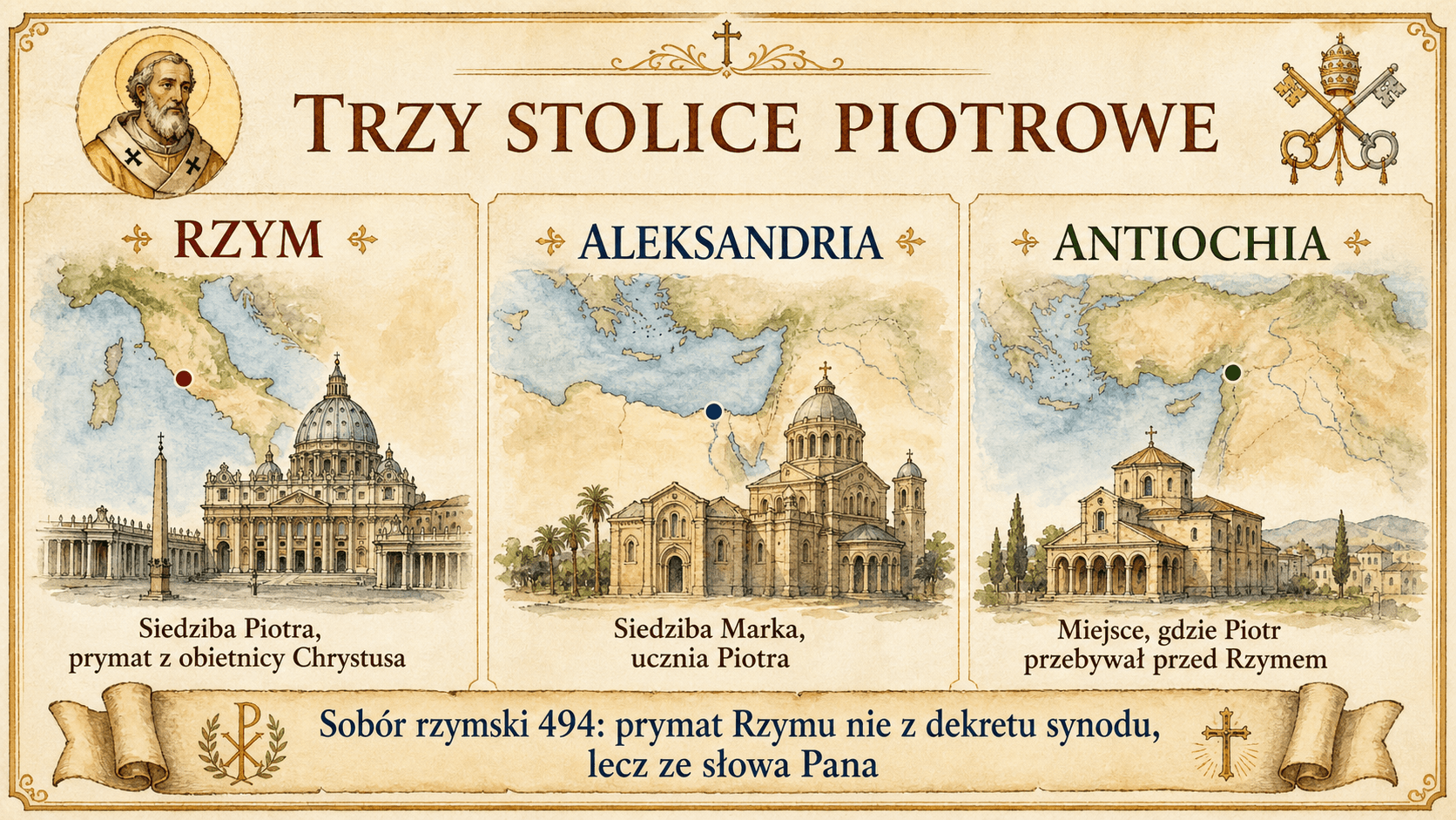 Infografika trzech stolic piotrowych: Rzym, Aleksandria i Antiochia według synodu rzymskiego z 494 roku