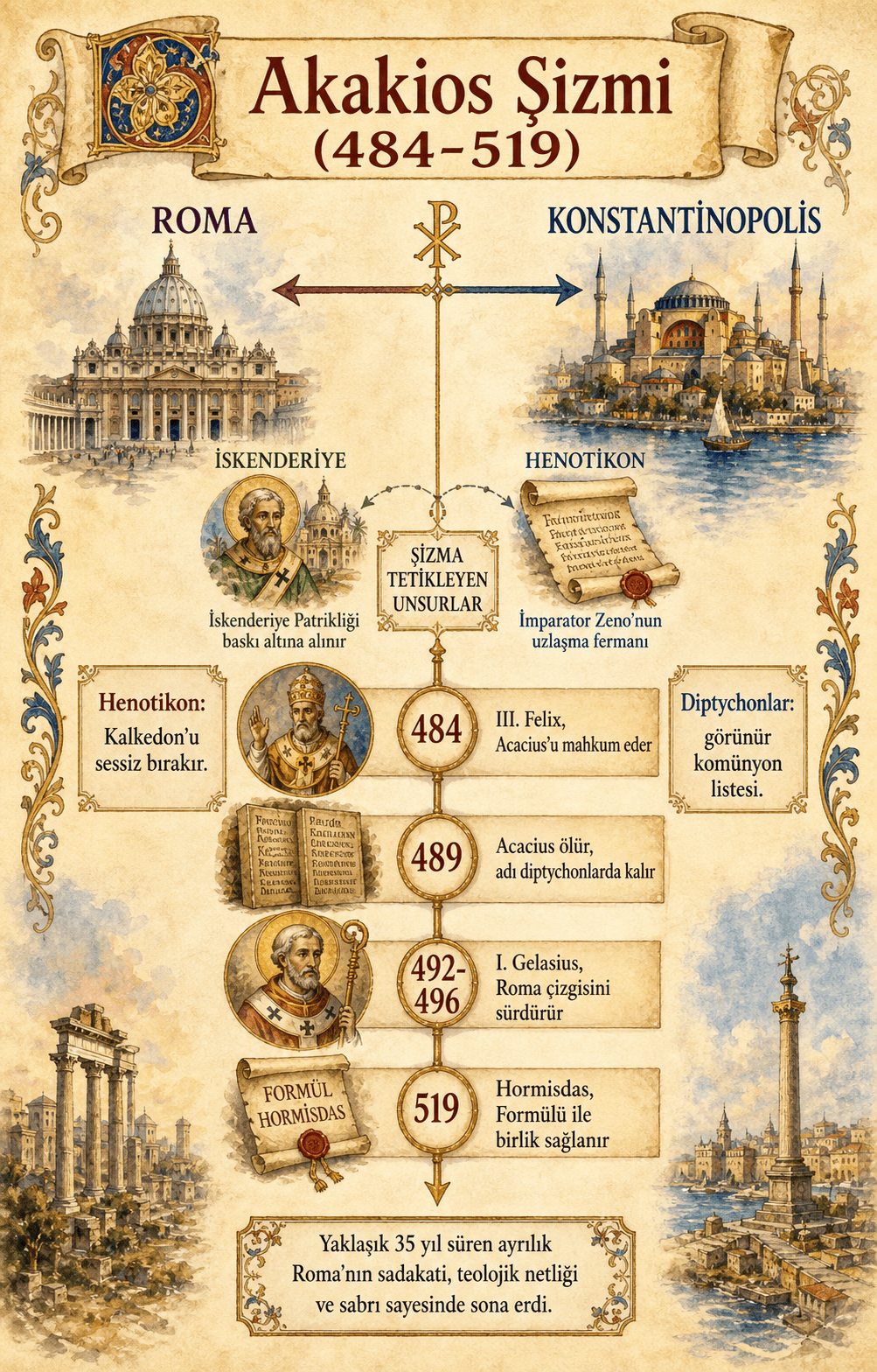 484 ile 519 yılları arasında Roma ve Konstantinopolis arasındaki Akakios Şizmi infografiği
