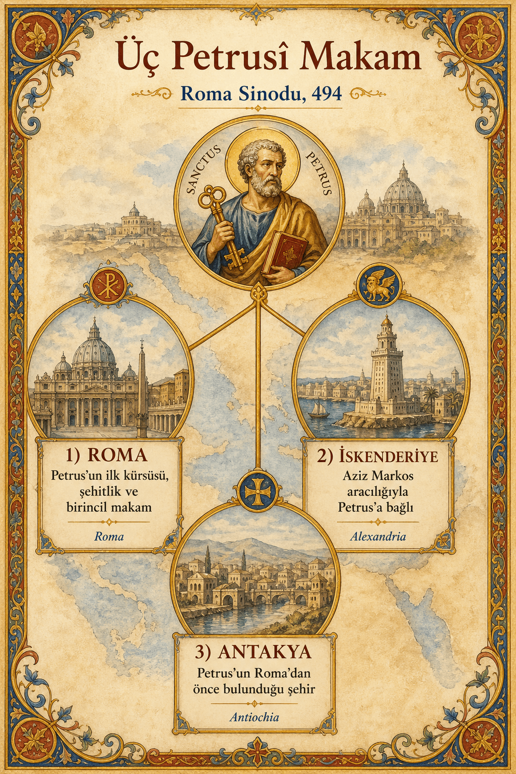 494 Roma Sinoduna göre üç Petrusî makamın infografiği: Roma, İskenderiye ve Antakya