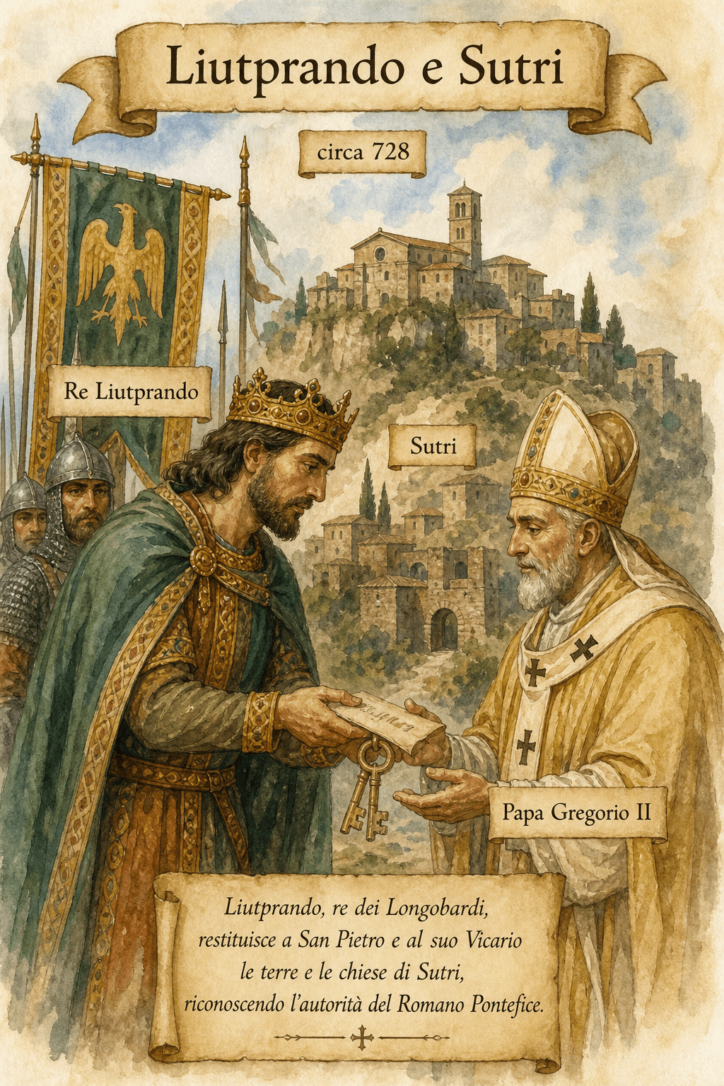 Acquerello di Liutprando che restituisce Sutri agli inviati di san Pietro e del papa Gregorio II
