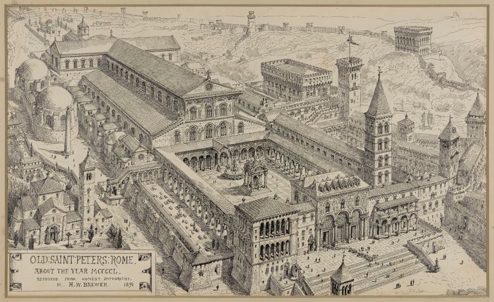 Stich, der die alte Petersbasilika von Rom um 1450 rekonstruiert