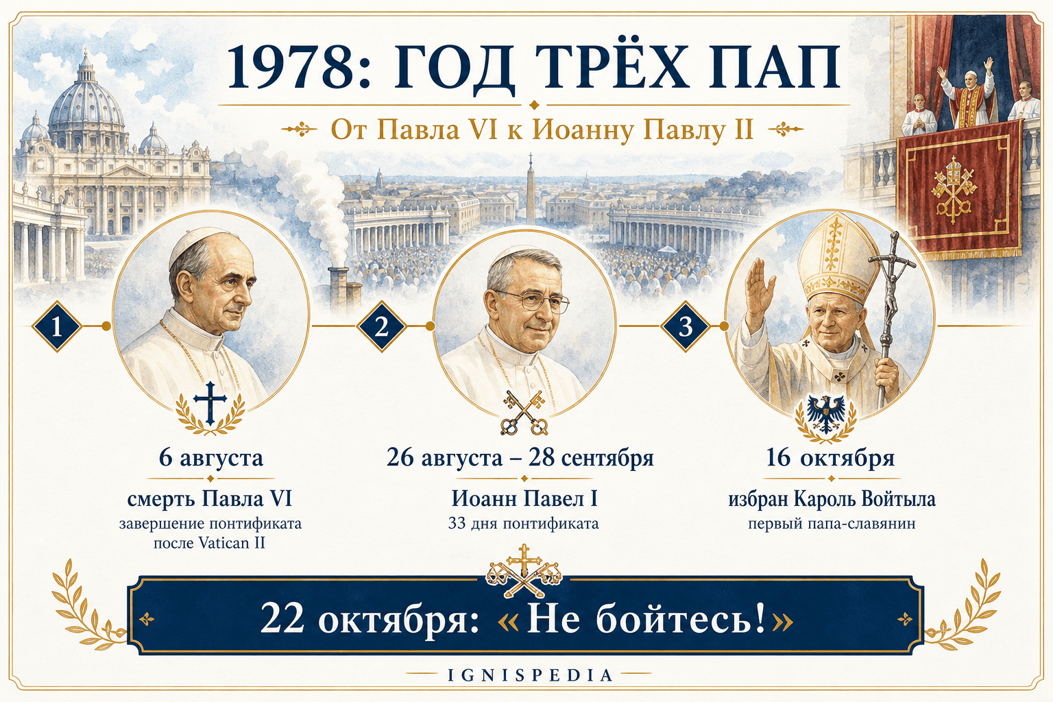 Хронологическая инфографика: 1978 год трех Пап, от смерти Павла VI до избрания Иоанна Павла II.
