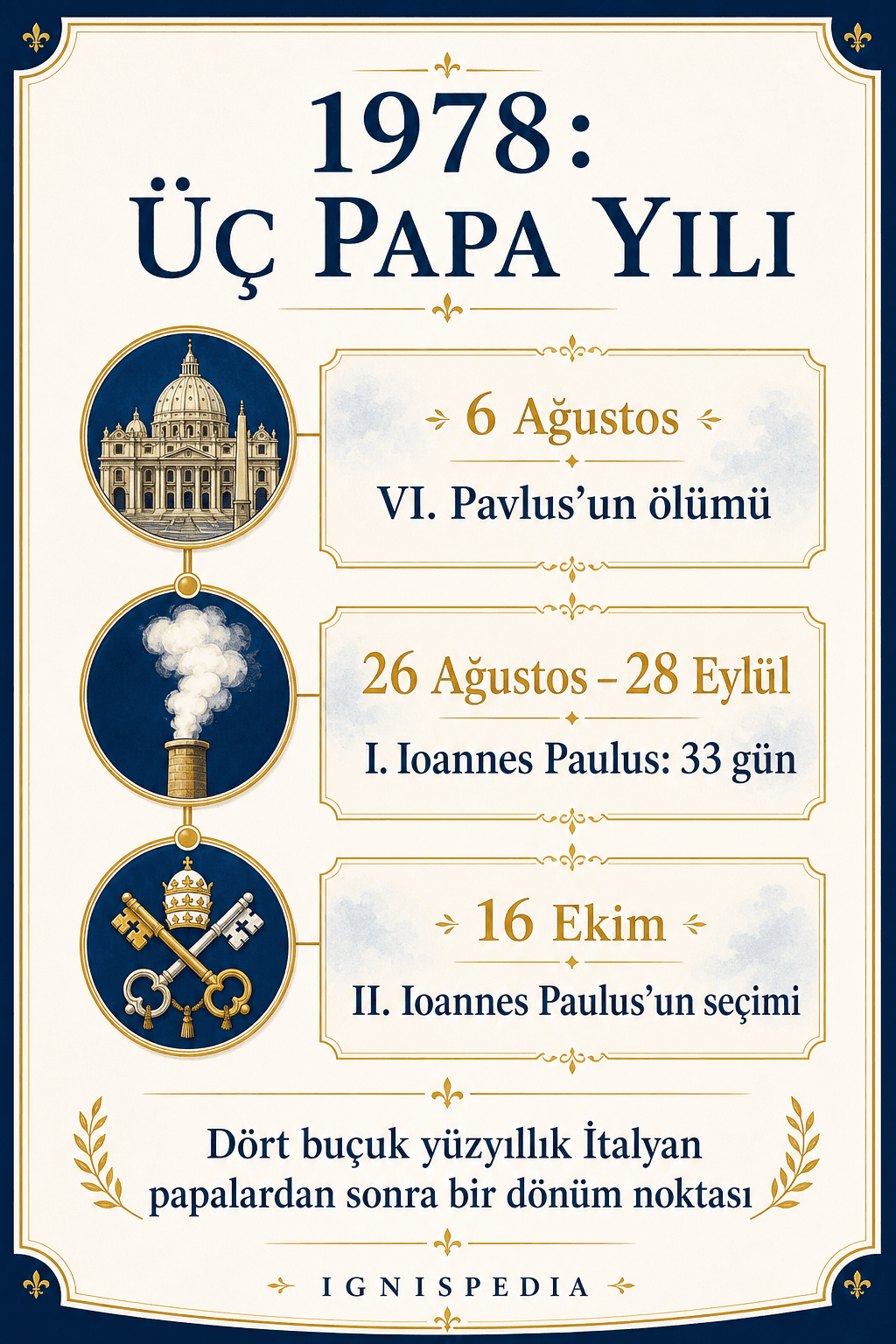 1978 üç papa yılını, VI. Pavlus'un ölümünden II. Ioannes Paulus'un seçimine kadar kronolojik olarak gösteren infografik