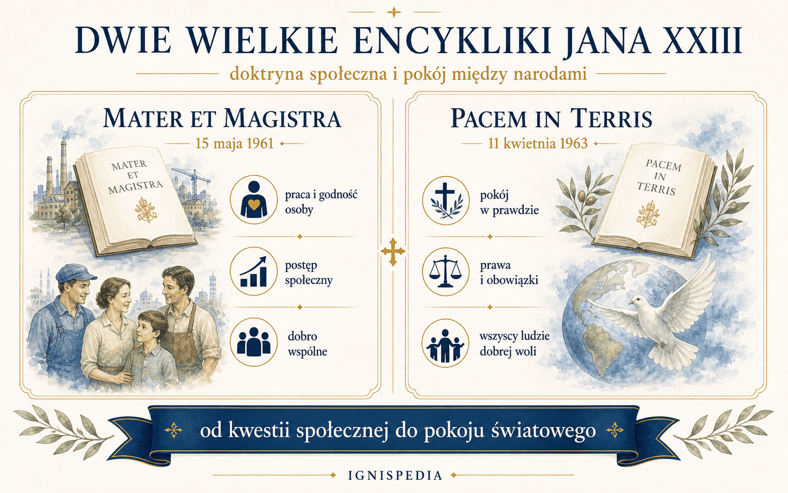 Infografika w języku francuskim porównująca Mater et Magistra i Pacem in Terris