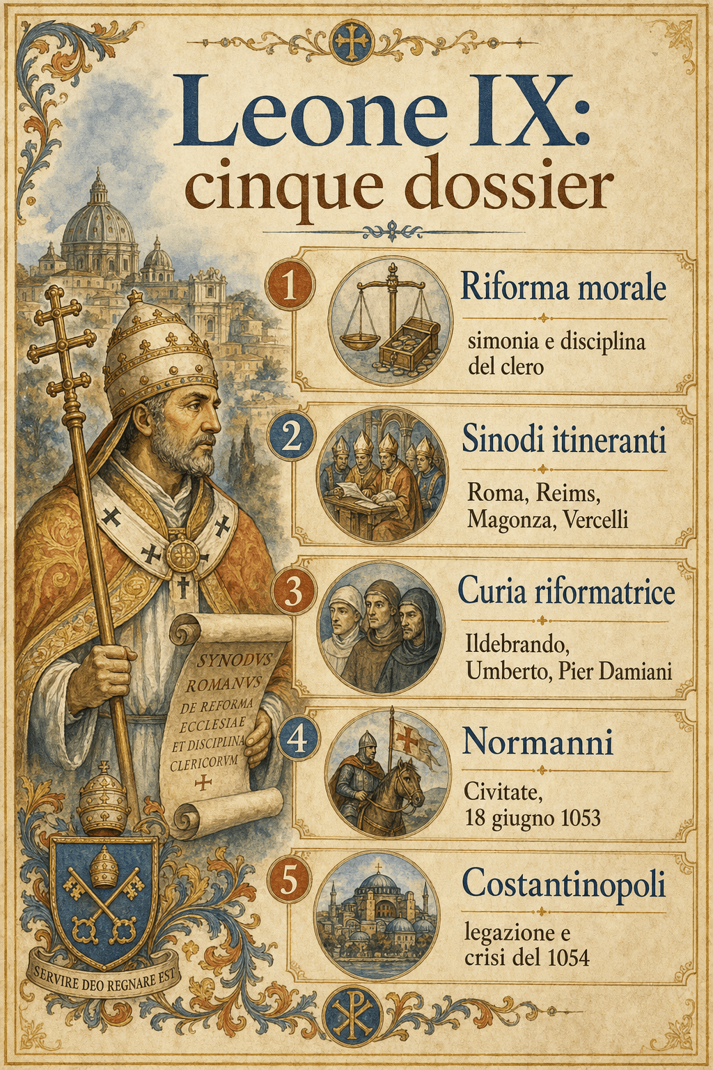 Infografia su Leone IX in cinque dossier: riforma morale, sinodi itineranti, curia riformatrice, Normanni e Costantinopoli