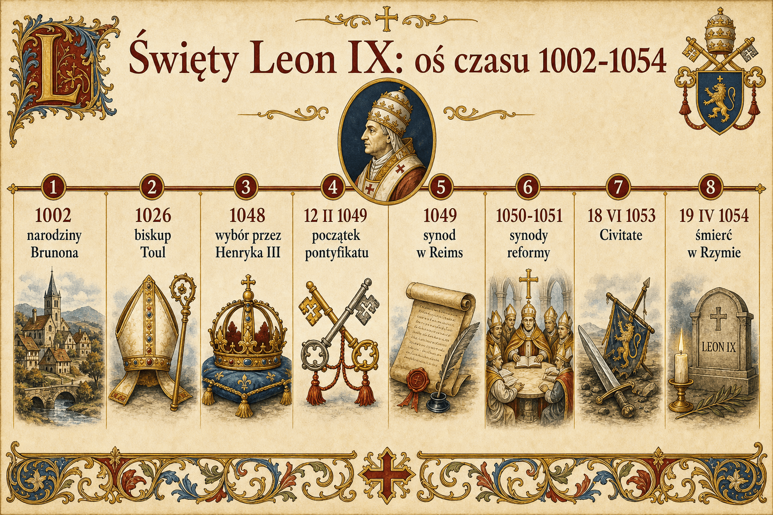 Oś czasu 1002-1054: narodziny Brunona, biskup Toul, wybór, Civitate, śmierć w Rzymie i legacja do Konstantynopola