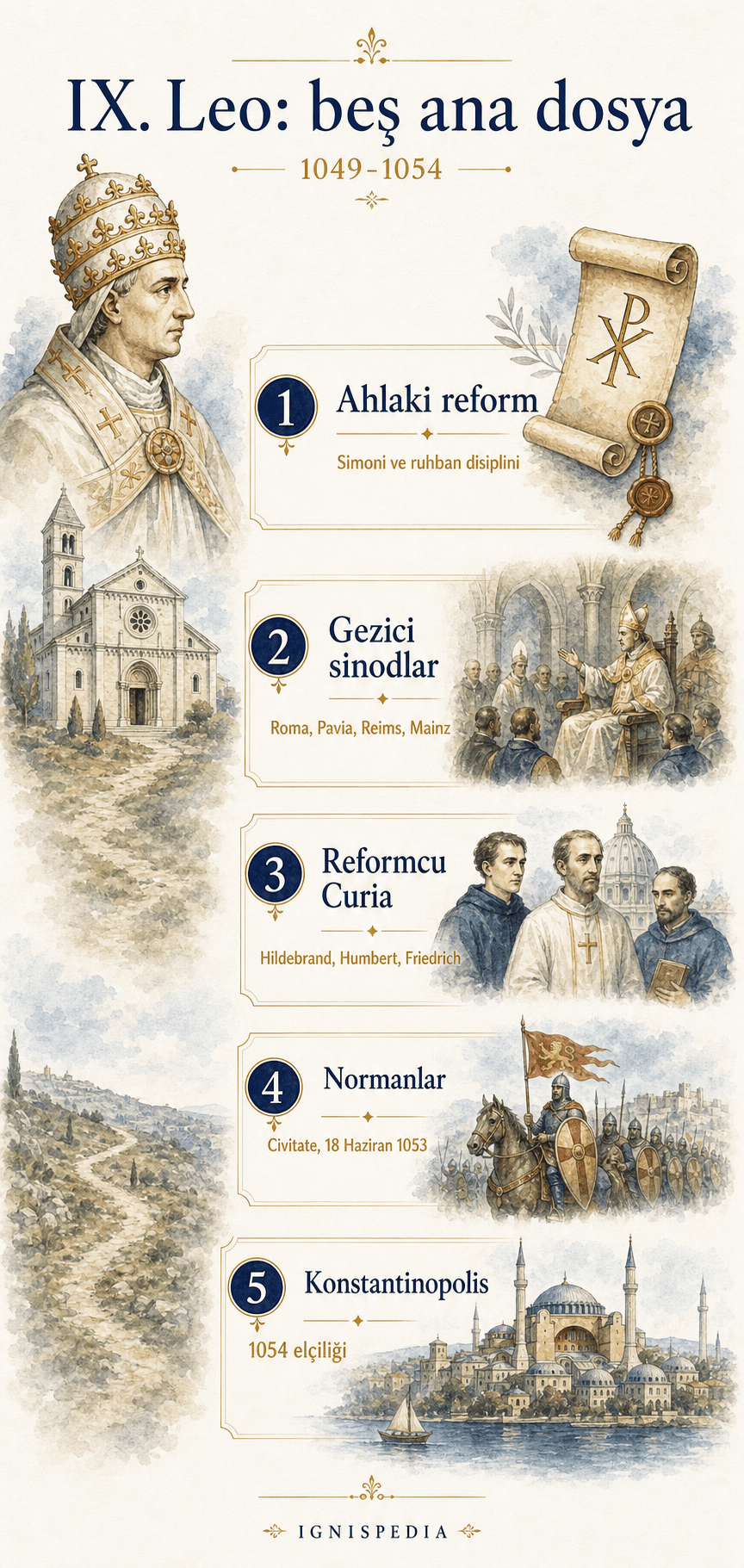 IX. Leo'nun beş dosyası: ahlaki reform, gezici sinodlar, reformcu kuria, Normanlar ve Konstantinopolis