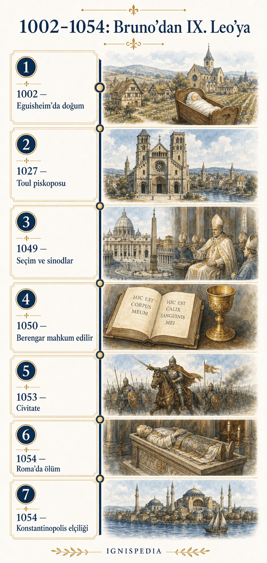 1002-1054 Kronolojik Şerit: Bruno'nun doğumu, Toul piskoposu, seçim, Civitate, Roma'da ölüm ve Konstantinopolis elçiliği