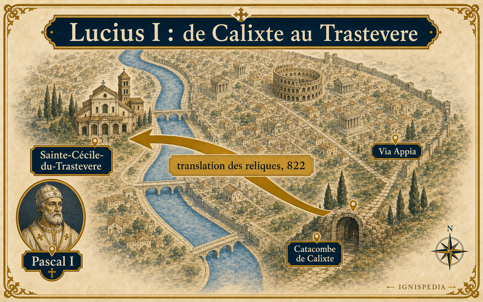 Carte-infographie de Rome montrant la catacombe de Calixte, la Via Appia et Sainte-Cécile-du-Trastevere