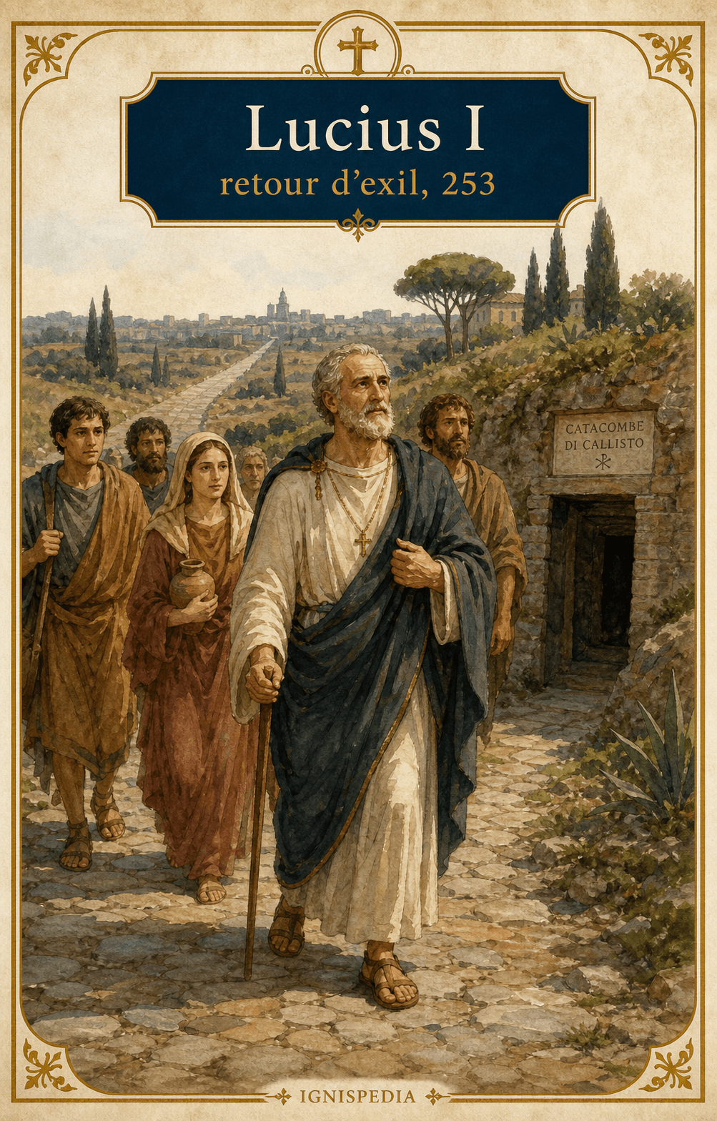 Illustration des heiligen Lucius I. bei der Rückkehr aus dem Exil nach Rom und zur Calixtus-Katakombe