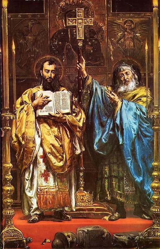 Die Heiligen Cyrill und Method, Gemälde von Jan Matejko (1885): Cyrill hält das ins Slawische übersetzte Buch, Method erhebt das Kreuz