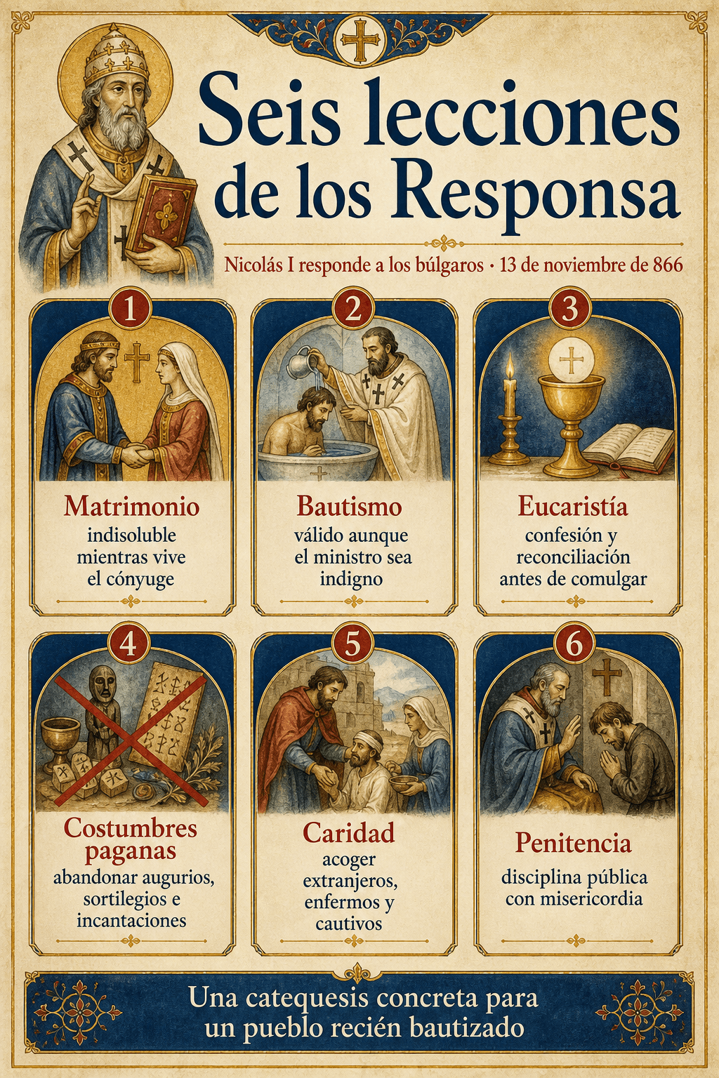 Infografía que presenta seis grandes lecciones de los Responsa a los búlgaros: matrimonio, bautismo, eucaristía, costumbres paganas, caridad y penitencia