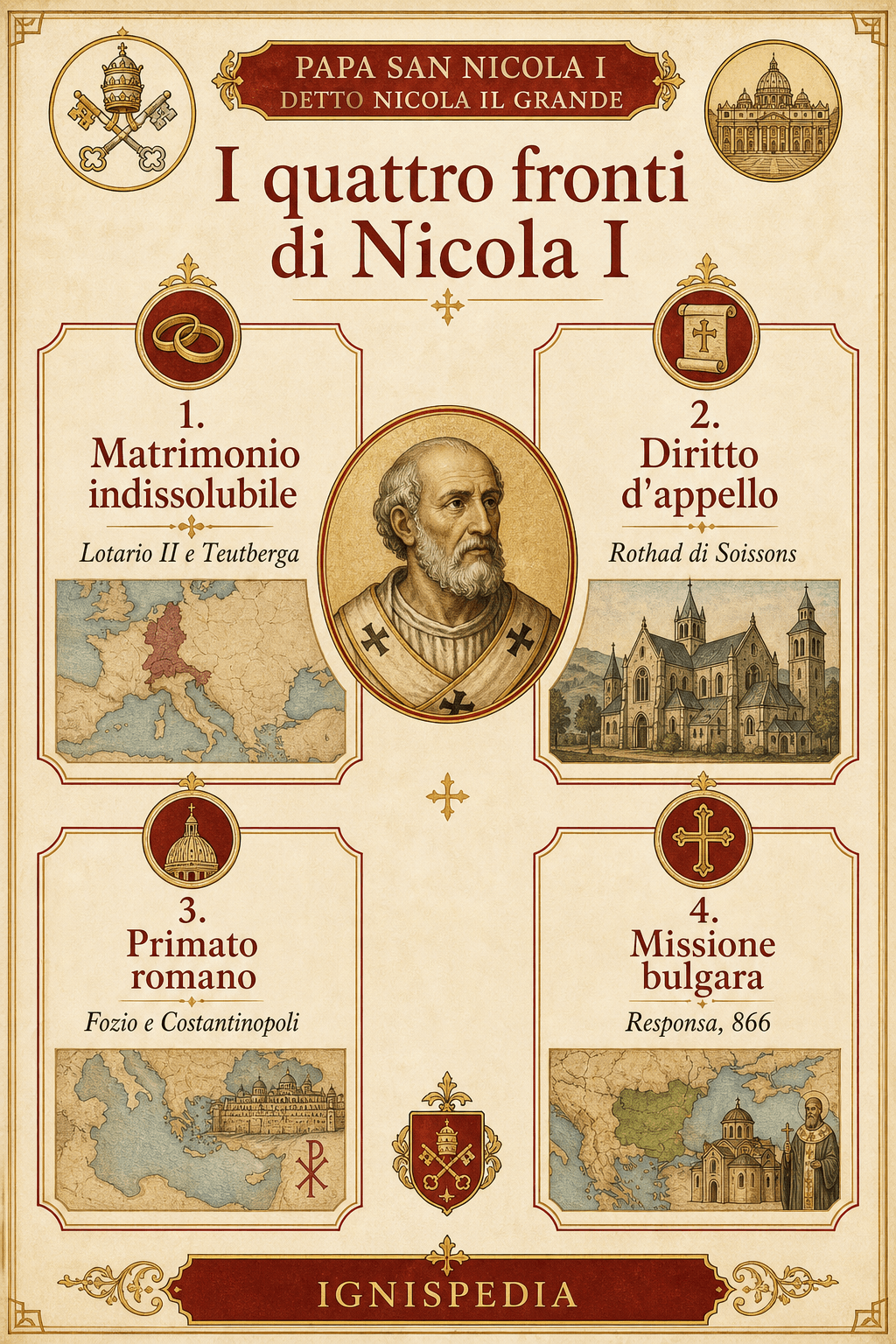 Infografica dei quattro fronti principali del pontificato di Nicola I: Lotario II, Rothad, Fozio e i Bulgari
