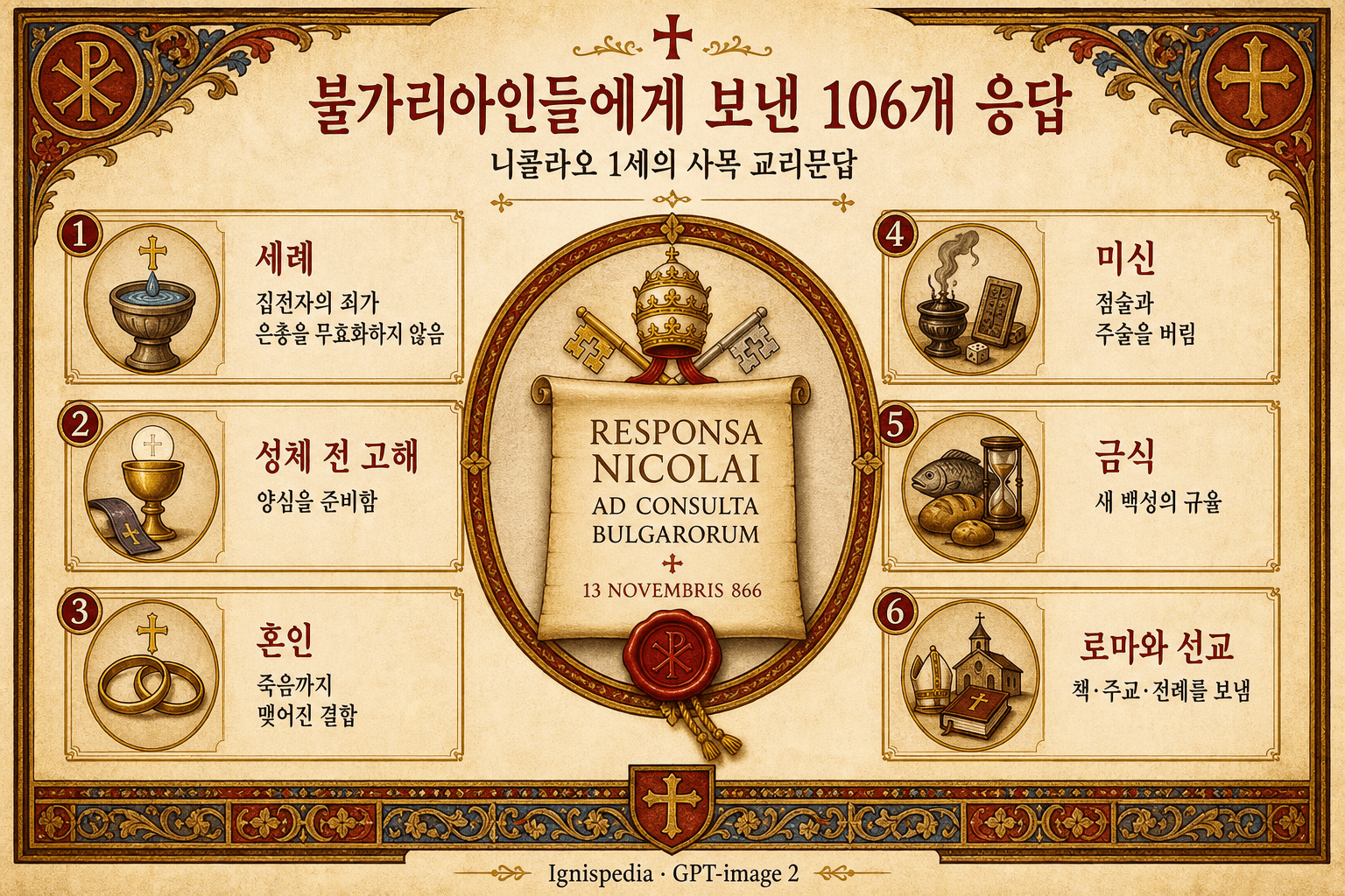 Responsa ad consulta Bulgarorum의 여섯 가지 주요 교훈을 보여주는 인포그래픽: 결혼, 세례, 성체, 이교 관습, 자선, 참회