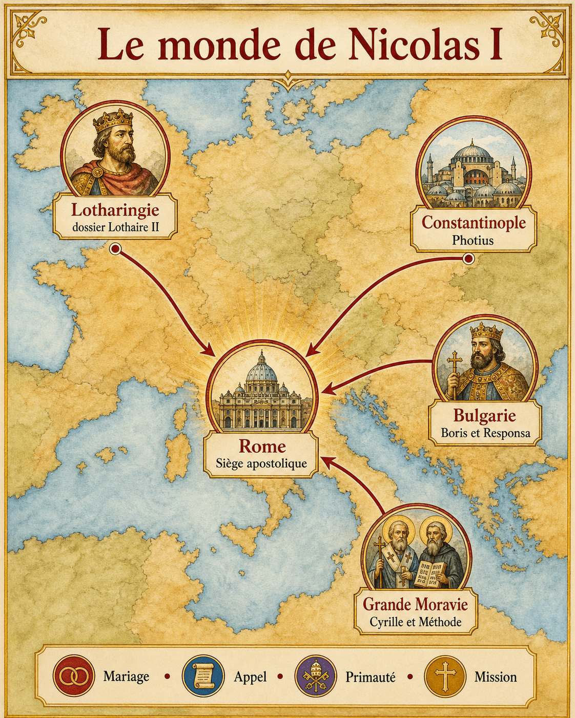Carte infographique des pôles du pontificat de Nicolas I : Lotharingie, Rome, Constantinople, Bulgarie et Grande Moravie