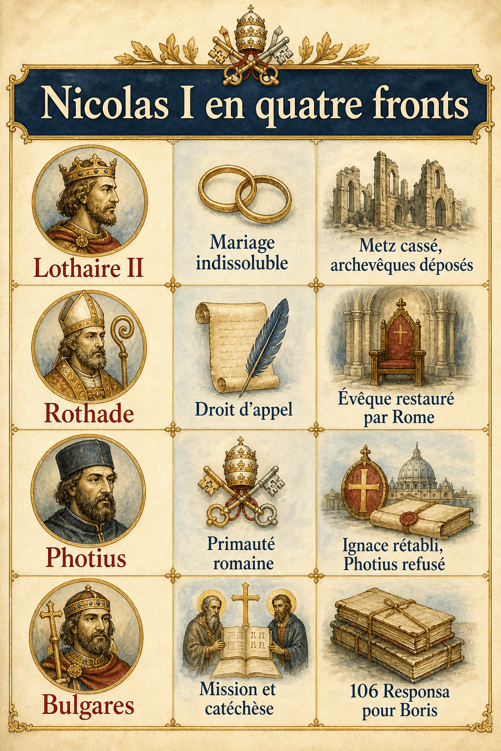 Infographie des quatre grands fronts du pontificat de Nicolas I : Lothaire II, Rothade, Photius et les Bulgares