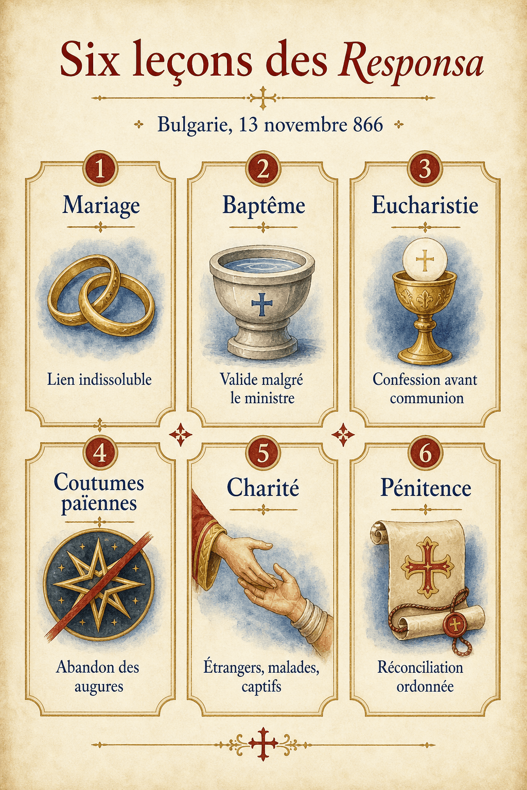 Infographie présentant six grandes leçons des Responsa aux Bulgares : mariage, baptême, eucharistie, coutumes païennes, charité et pénitence