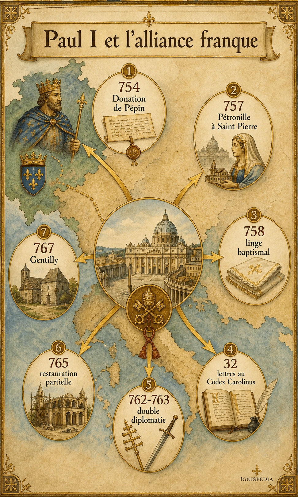 Infographie Paul I et l'alliance franque : donation de Pépin, Pétronille, linge baptismal, Codex Carolinus, double diplomatie, restauration partielle et Gentilly