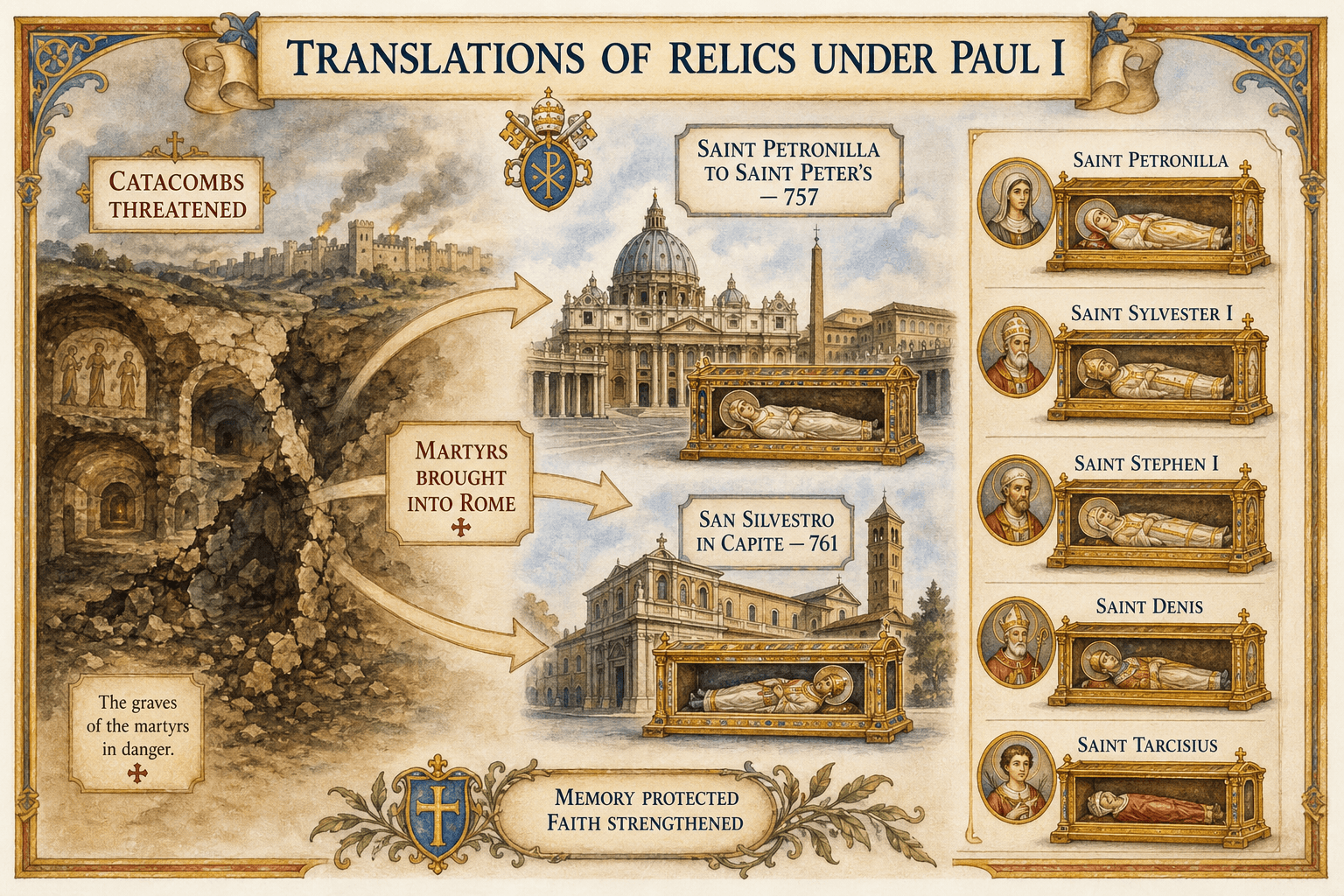 Infographic of translations of relics of Paul I: plundered catacombs, Petronilla in Saint Peter, San Silvestro in Capite, Sylvester I, Stephen I, Dionysius and Tarcisius