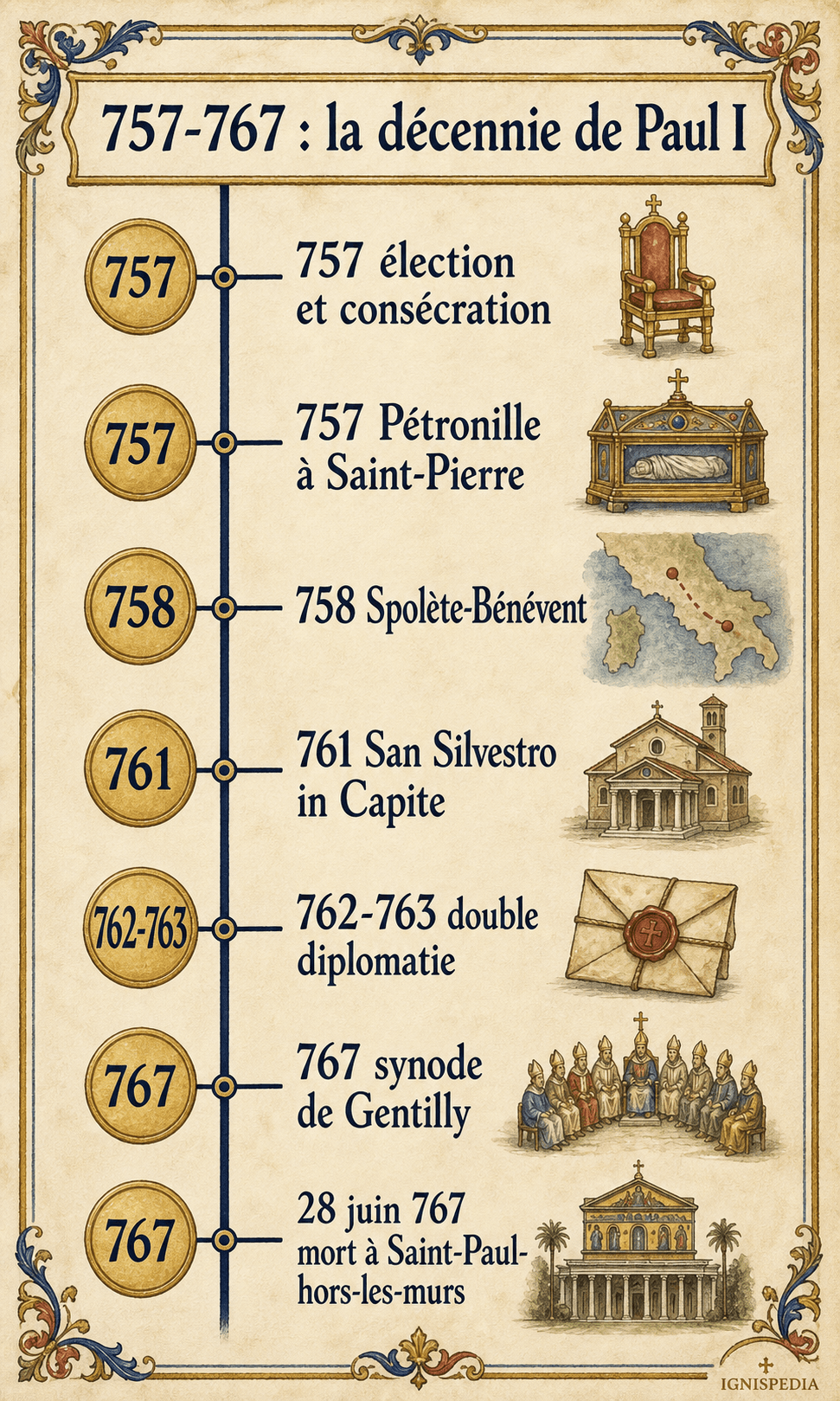 Frise chronologique 757-767 de la décennie de Paul I : élection, Pétronille, Spolète-Bénévent, San Silvestro, double diplomatie, Gentilly et mort