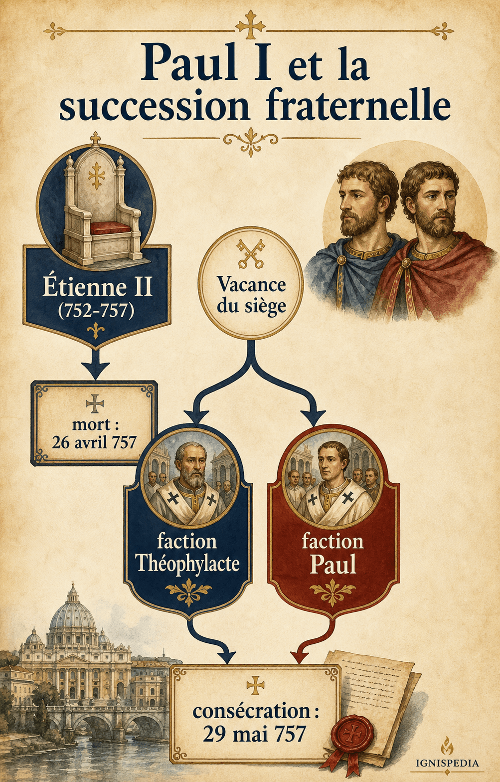 Infographie Paul I et la succession fraternelle : Étienne II, Théophylacte, faction Paul et consécration du 29 mai 757