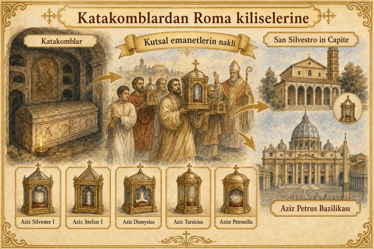 Paul I'in kutsal emanet nakilleri infografiği: yağmalanan katakomblar, Petronilla'nın Aziz Petrus'a nakli, San Silvestro in Capite, Silvestre I, Stefan I, Denys ve Tarsicius