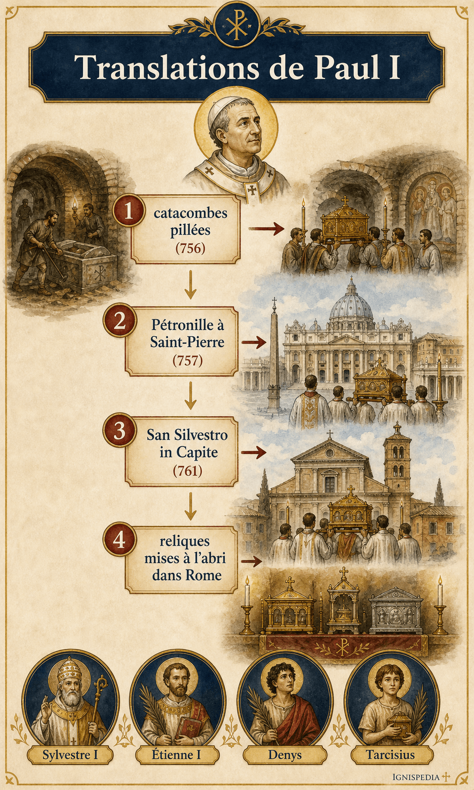 Infographie des translations de reliques de Paul I : catacombes pillées, Pétronille à Saint-Pierre, San Silvestro in Capite, Sylvestre I, Étienne I, Denys et Tarcisius