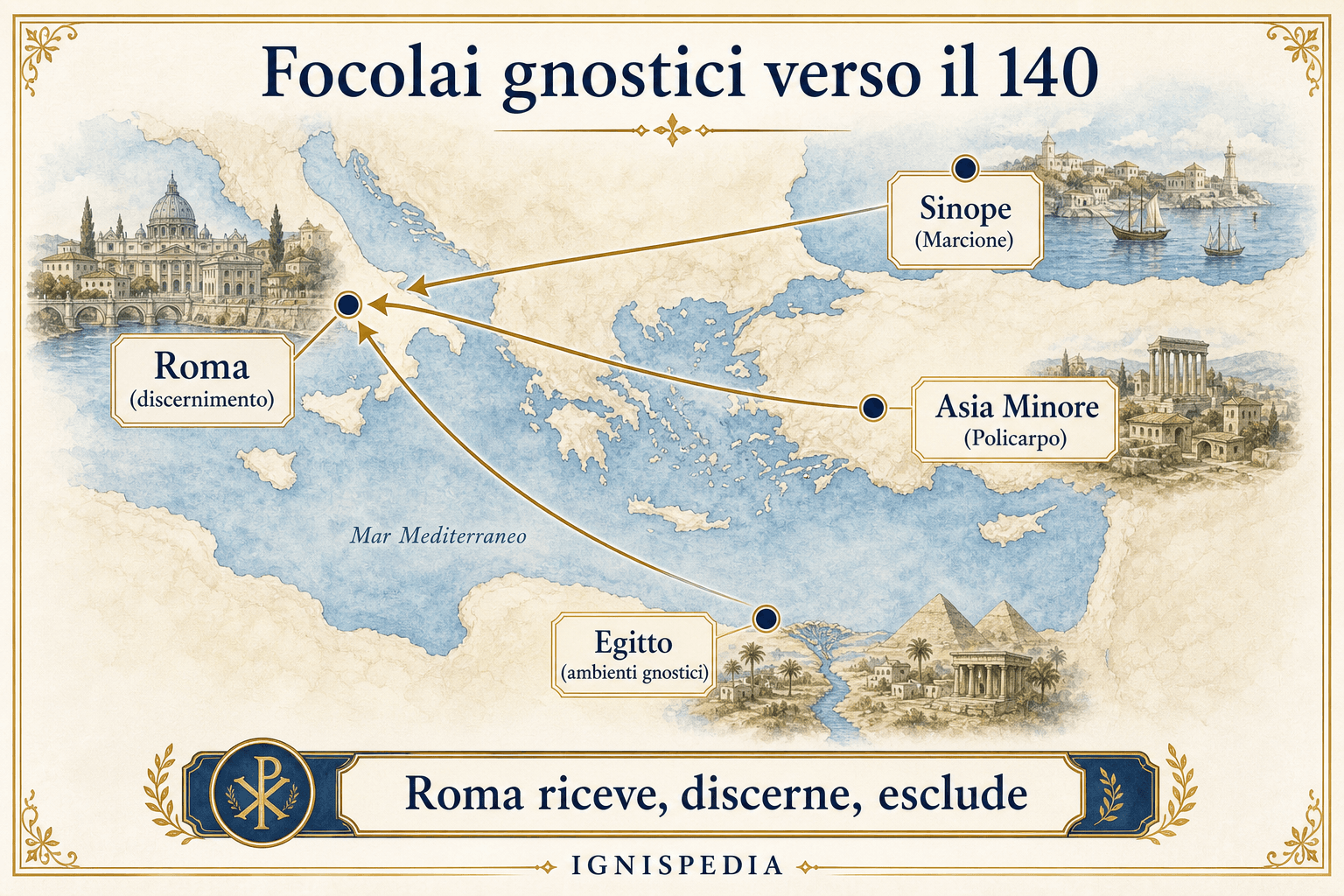 Carta infografica dei focolai gnostici verso il 140, che mostra Roma, Sinope, l’Egitto e l’Asia Minore