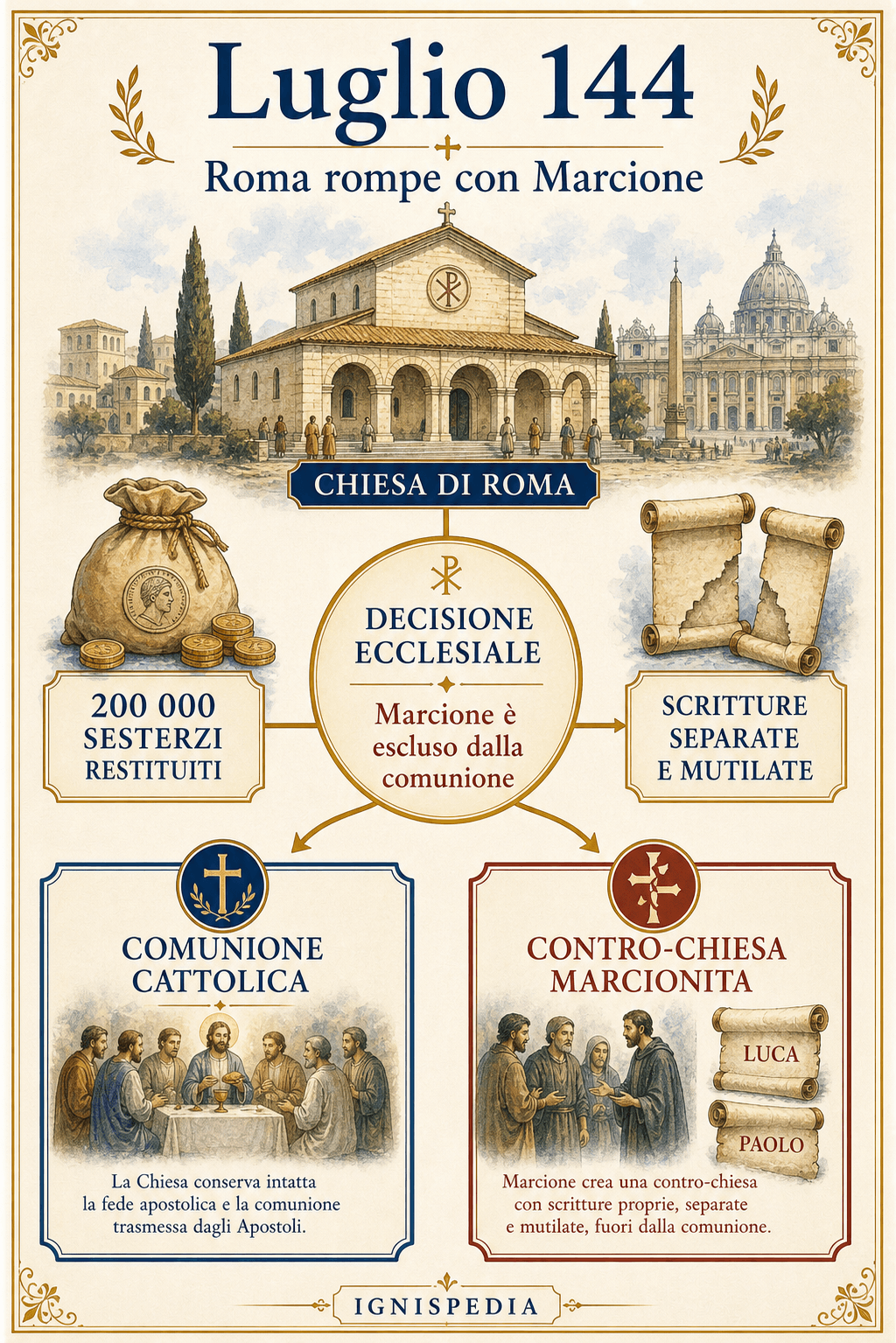 Infografica sulla rottura di luglio 144 tra la Chiesa di Roma e Marcione, con la restituzione dei 200.000 sesterzi e la nascita di una contro-Chiesa marcionita