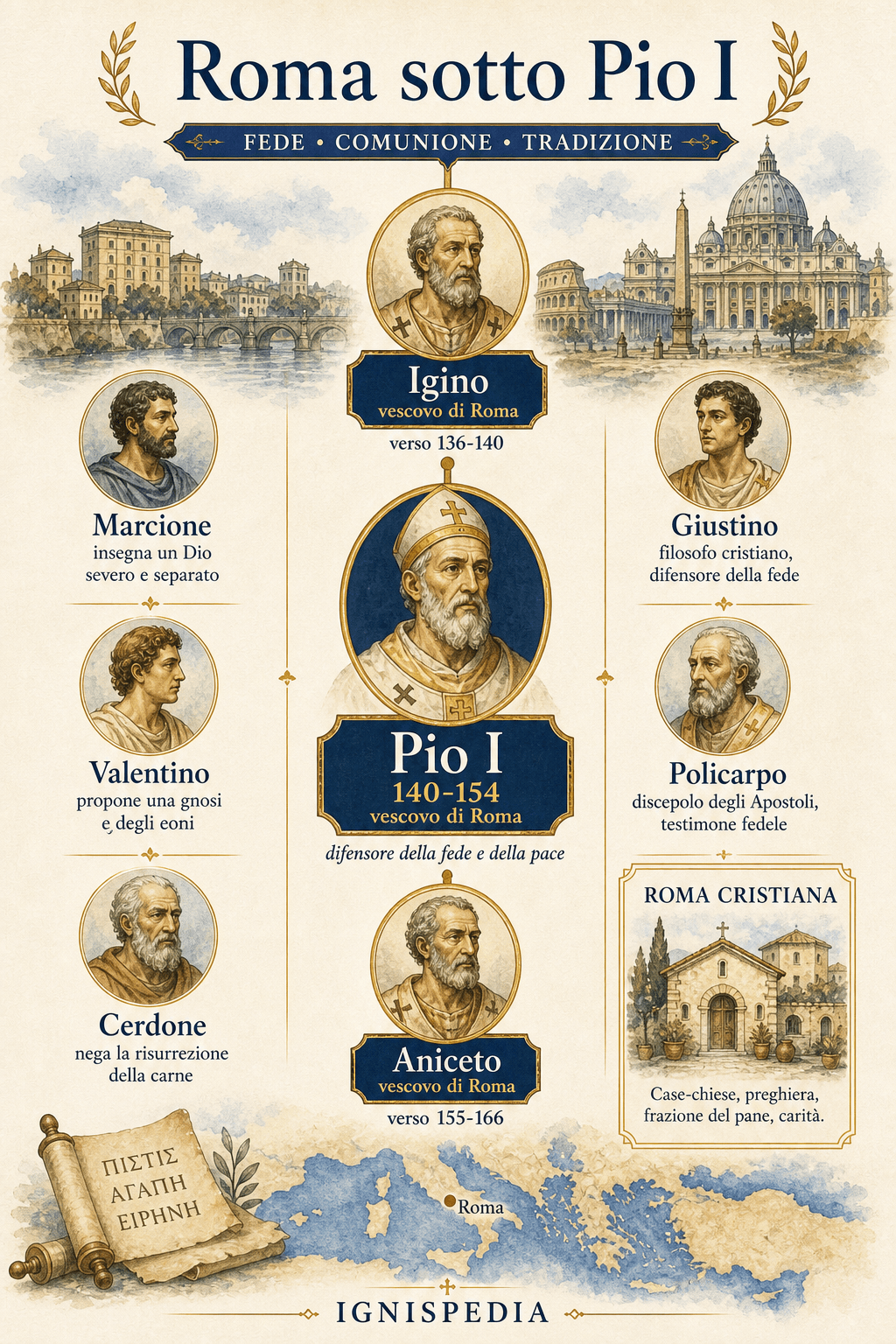 Infografica che mostra Roma sotto Pio I, con la successione Igino, Pio I, Aniceto e le figure contemporanee Marcione, Valentino, Cerdone, Giustino e Policarpo