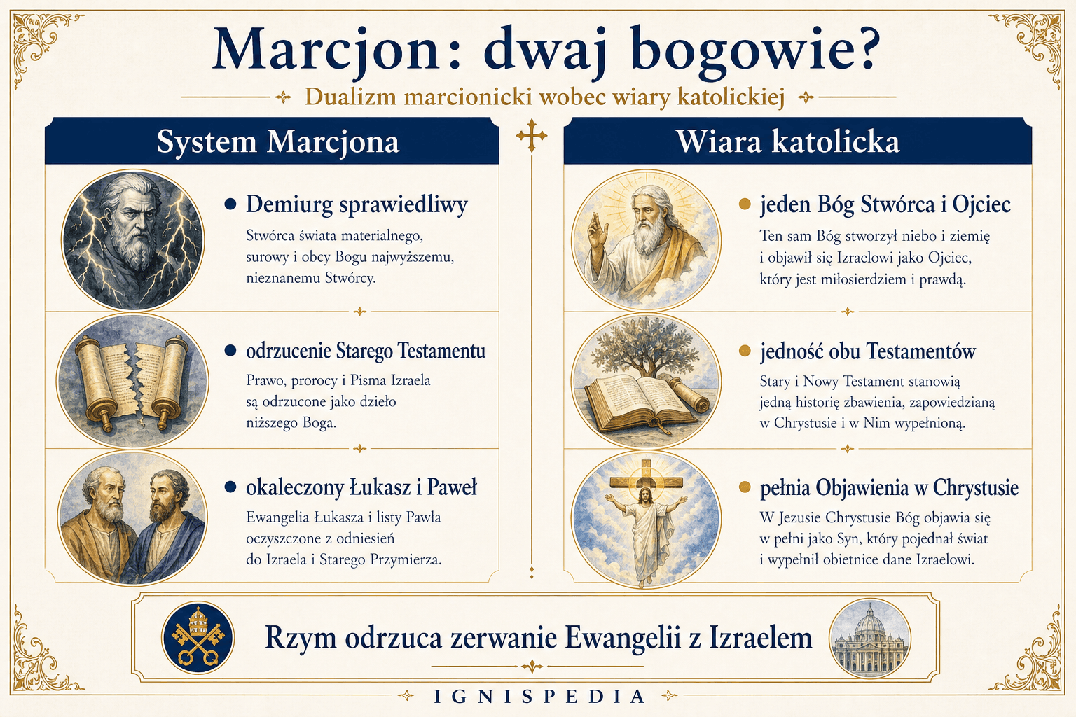 Infografika porównująca system marcjonicki dwóch bogów i wiarę katolicką w jednego Boga Stwórcę i Ojca