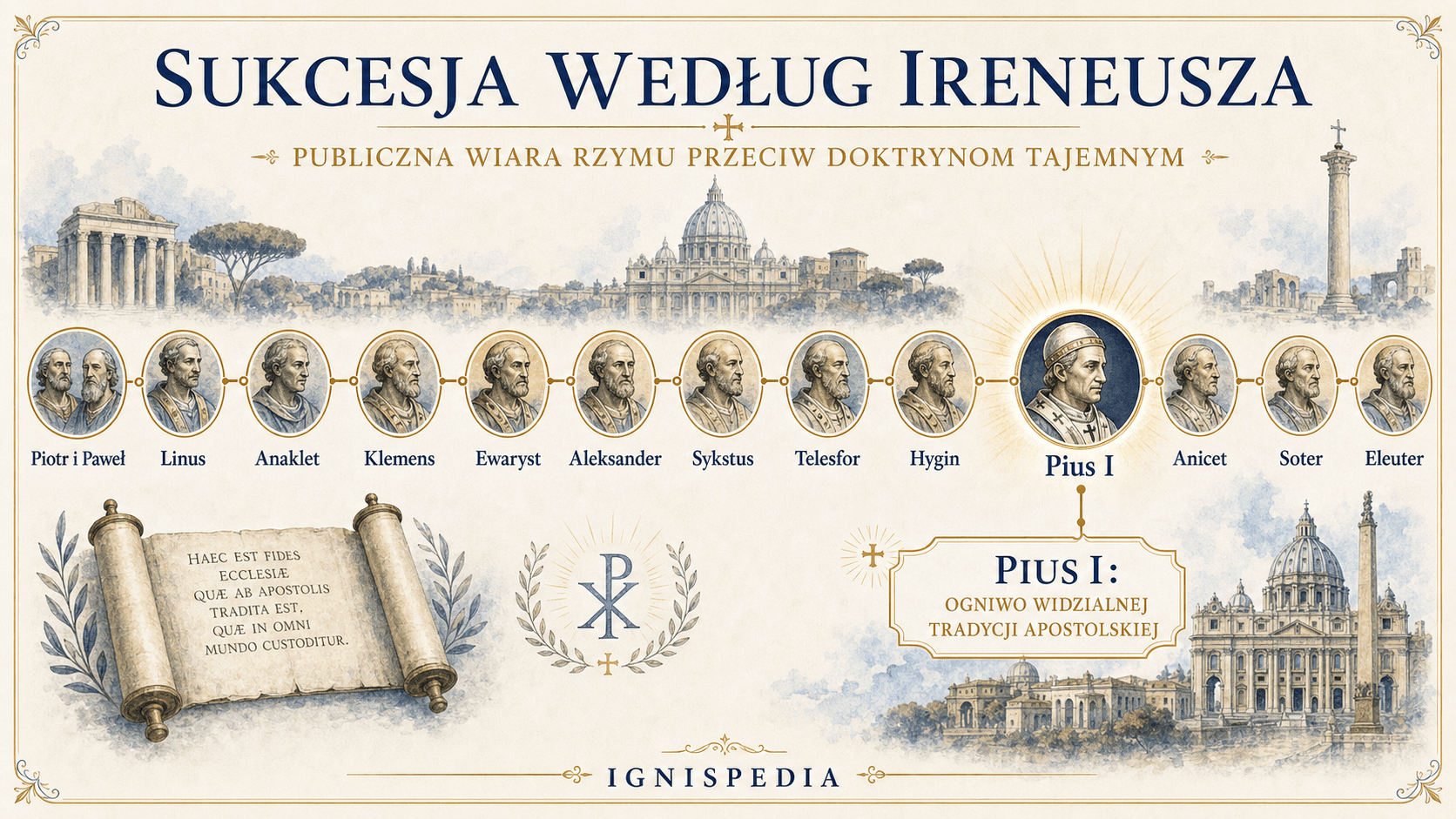 Infografika sukcesji apostolskiej rzymskiej według Ireneusza, od Piotra i Pawła do Eleuteriusza, z wyróżnionym Piusem I