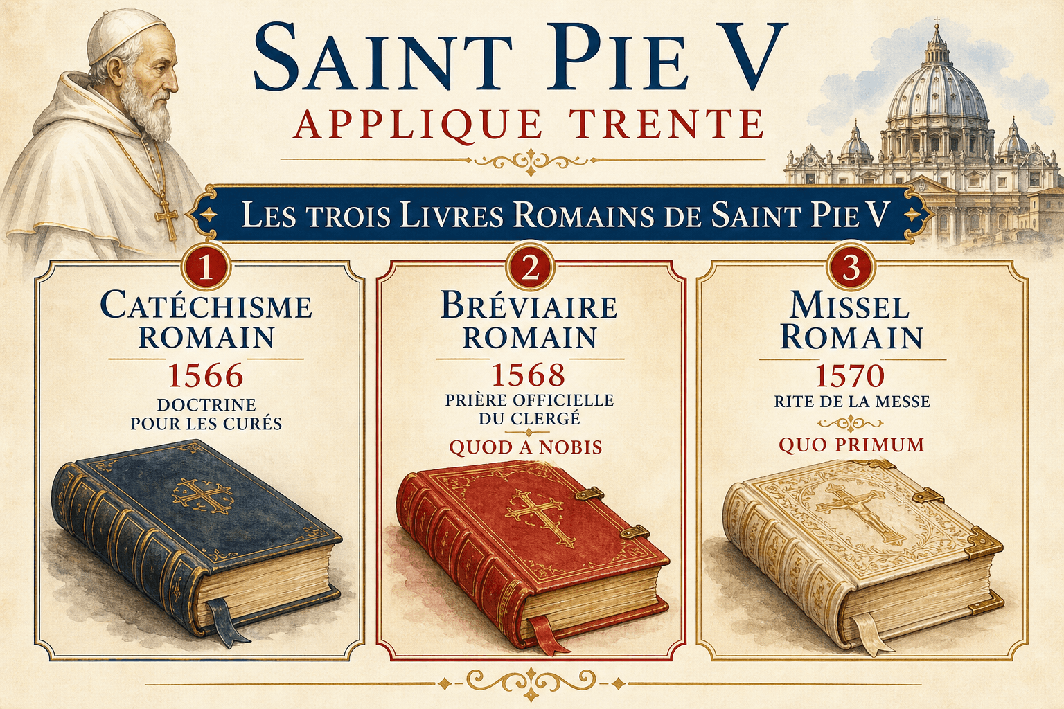 Infographie des trois livres romains de saint Pie V : Catéchisme, Bréviaire et Missel