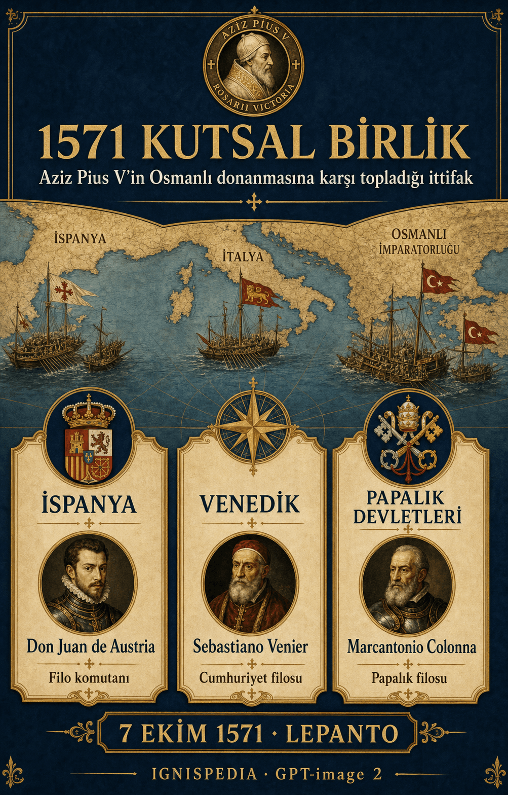 1571 Kutsal Birlik infografiği: İspanya, Venedik ve Papalık Devletleri