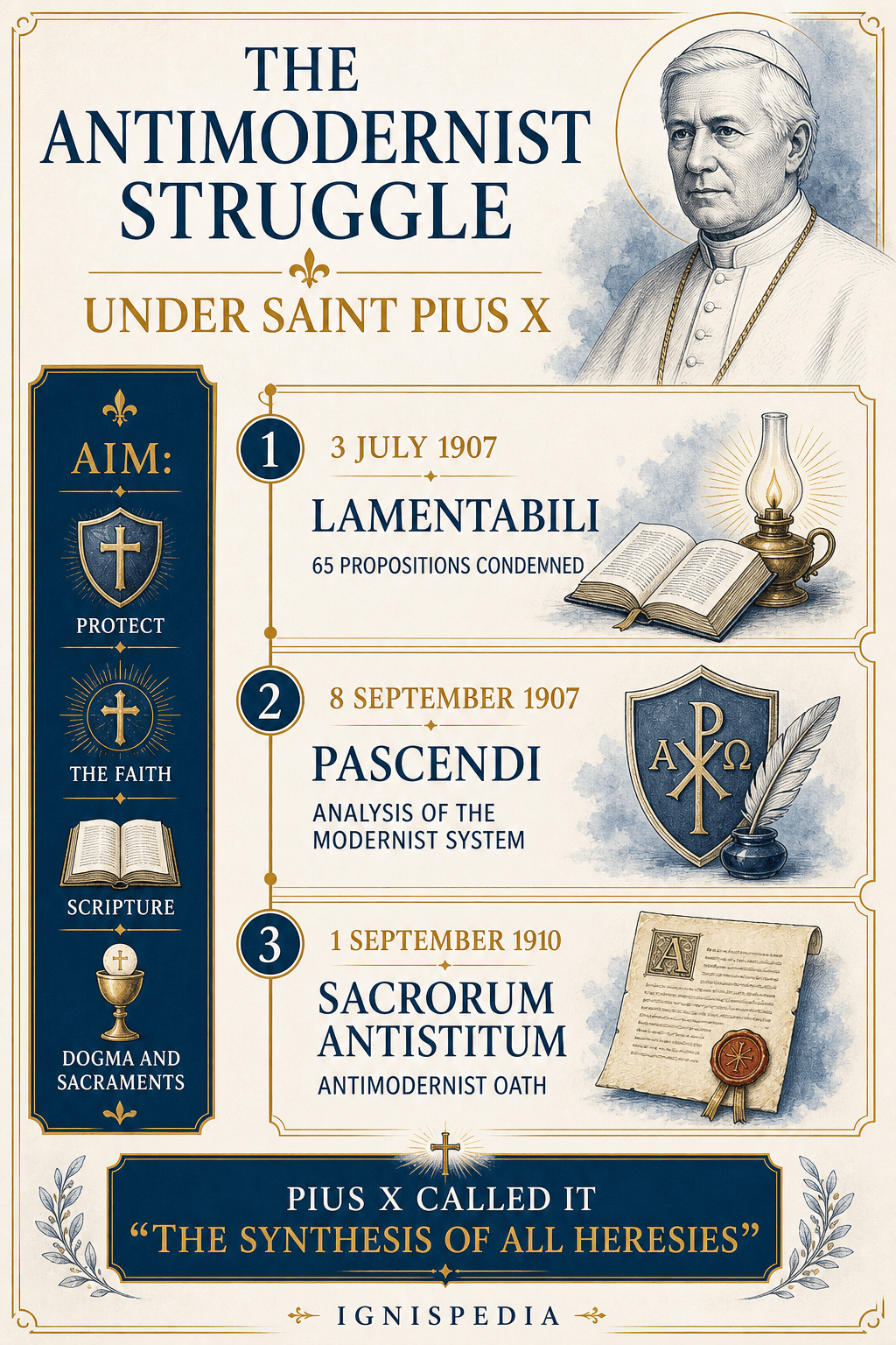 Infographic on the antimodernist struggle under Saint Pius X: Lamentabili, Pascendi, Sacrorum antistitum