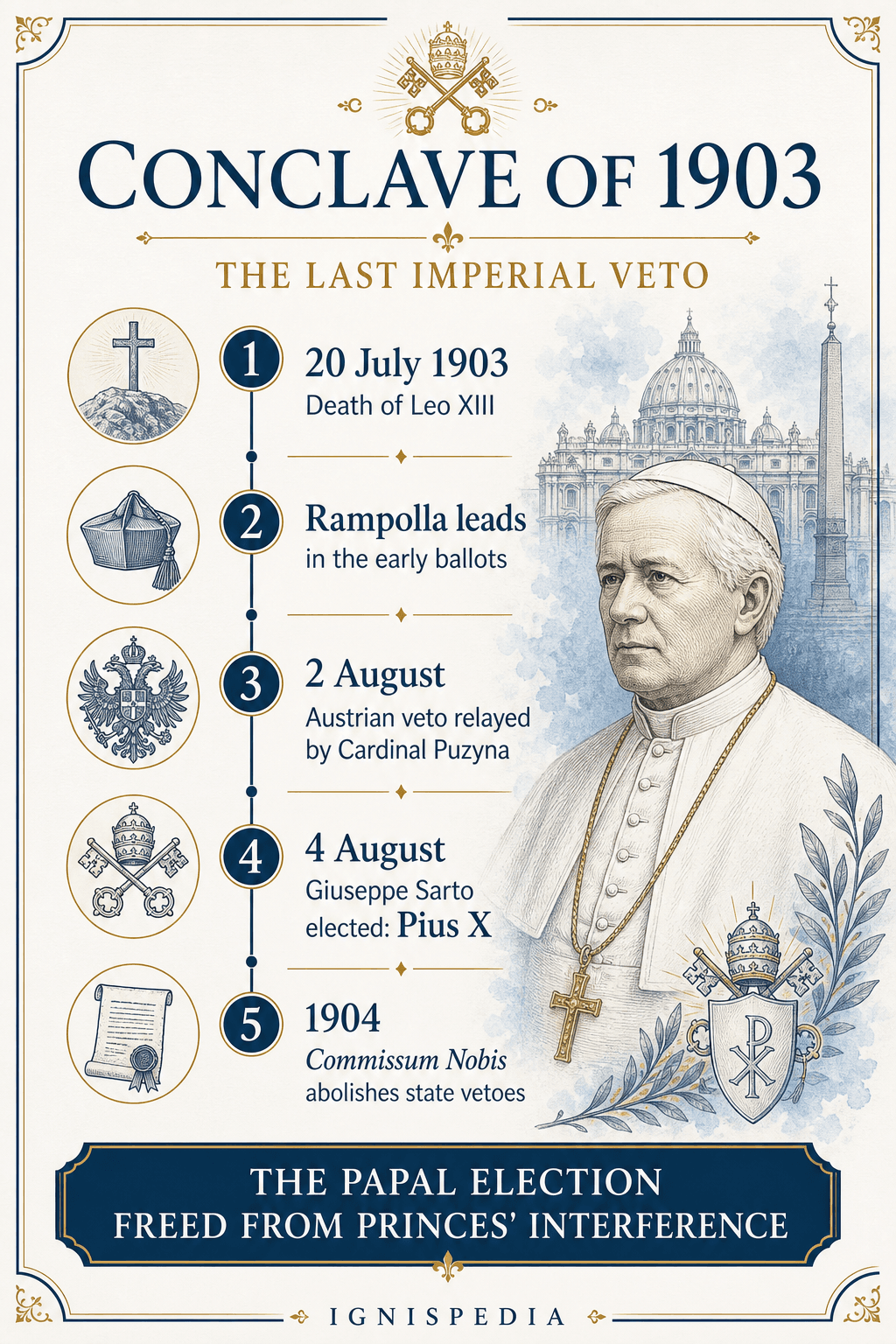 Infographic on the 1903 conclave: death of Leo XIII, Rampolla leading, Austrian veto, election of Sarto, abolition of the veto