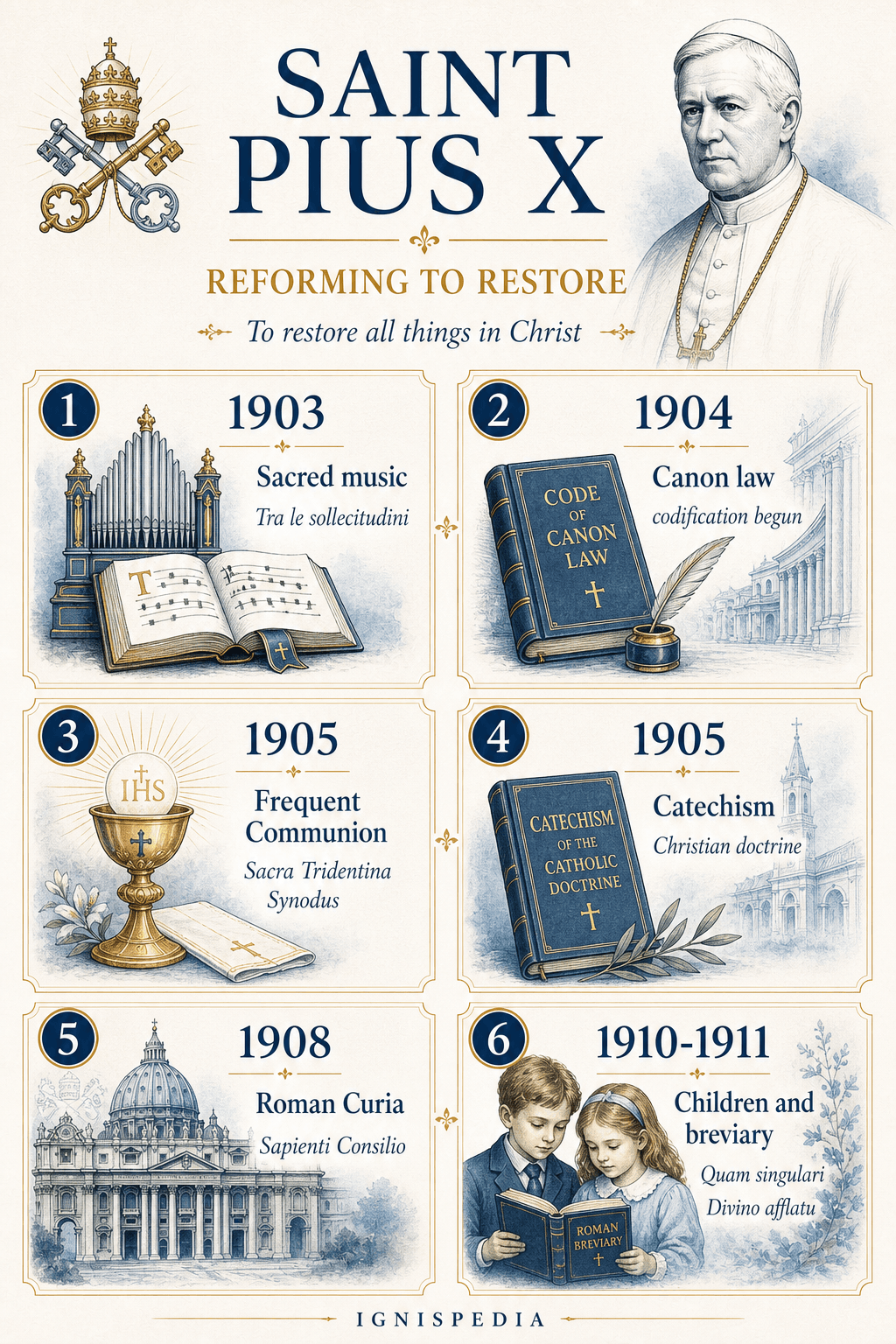 Infographic on the major reforms of Saint Pius X: sacred music, canon law, frequent Communion, catechism, Curia, children and breviary