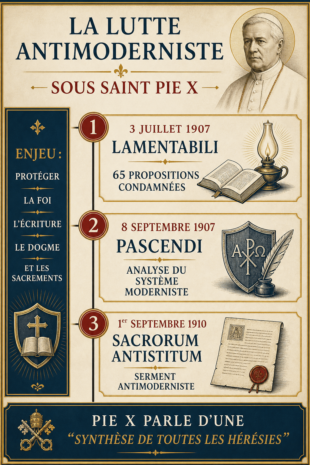 Infographie sur la lutte antimoderniste de saint Pie X : Lamentabili, Pascendi et Sacrorum antistitum